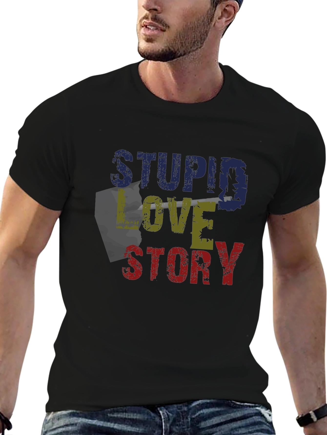 Black Stupid Love Story Graphic Tee - Unique Design view 6