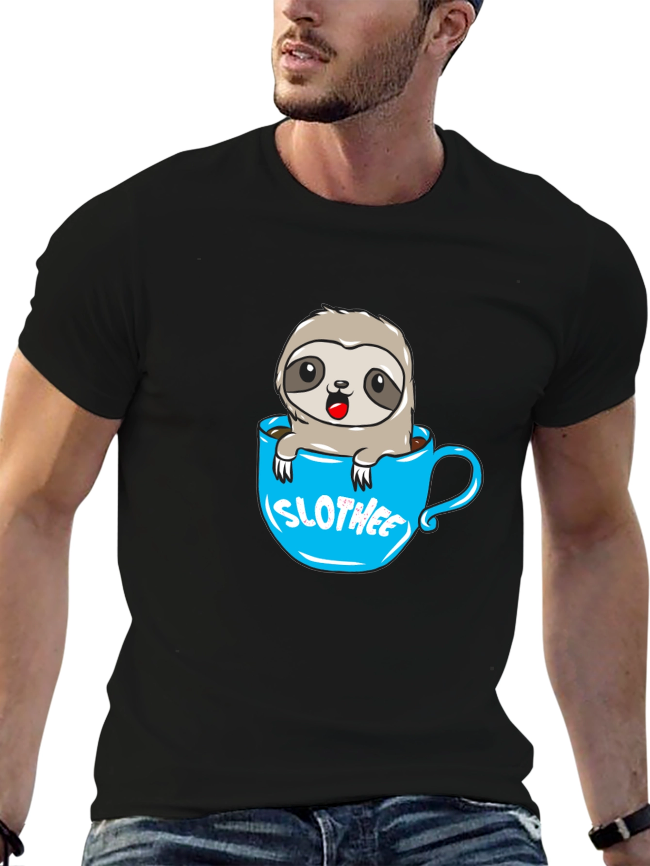 Black Slothee Cute Cartoon Sloth in Coffee Cup T-Shirt view 6