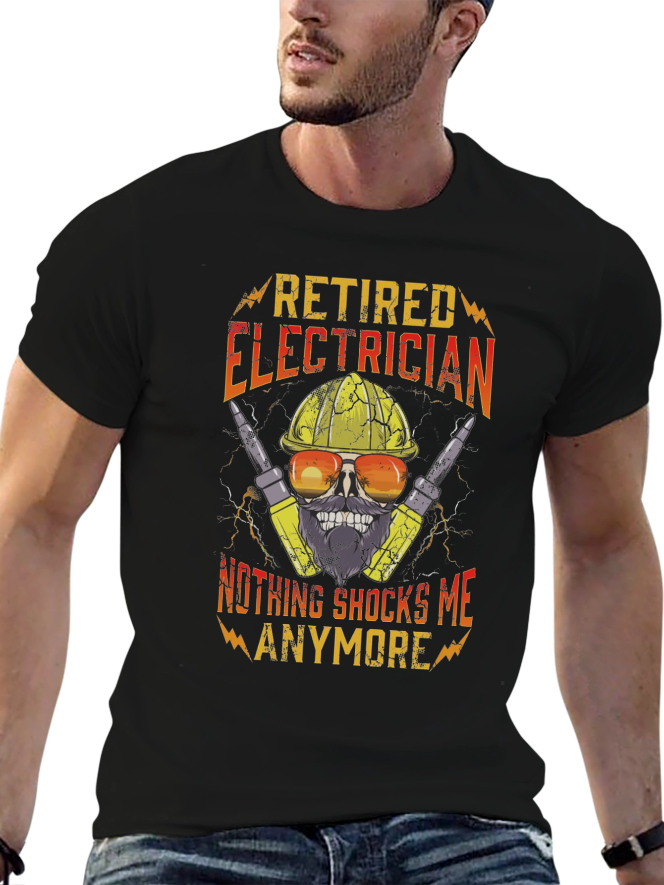 Black Retired Electrician T-Shirt Funny Skull Tee view 6