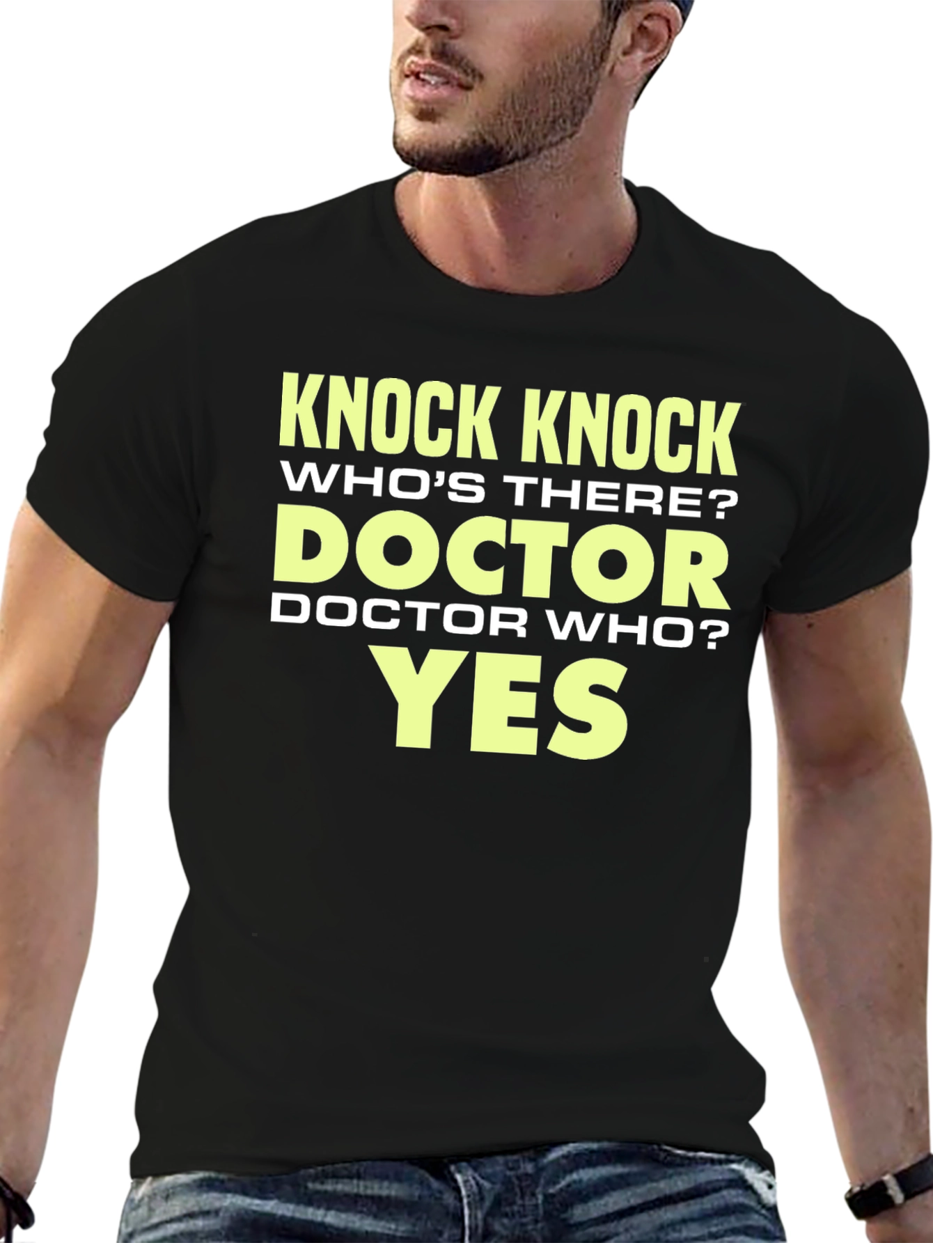 Black Knock Knock Doctor Who? Graphic T-Shirt - Black Cotton Tee view 6