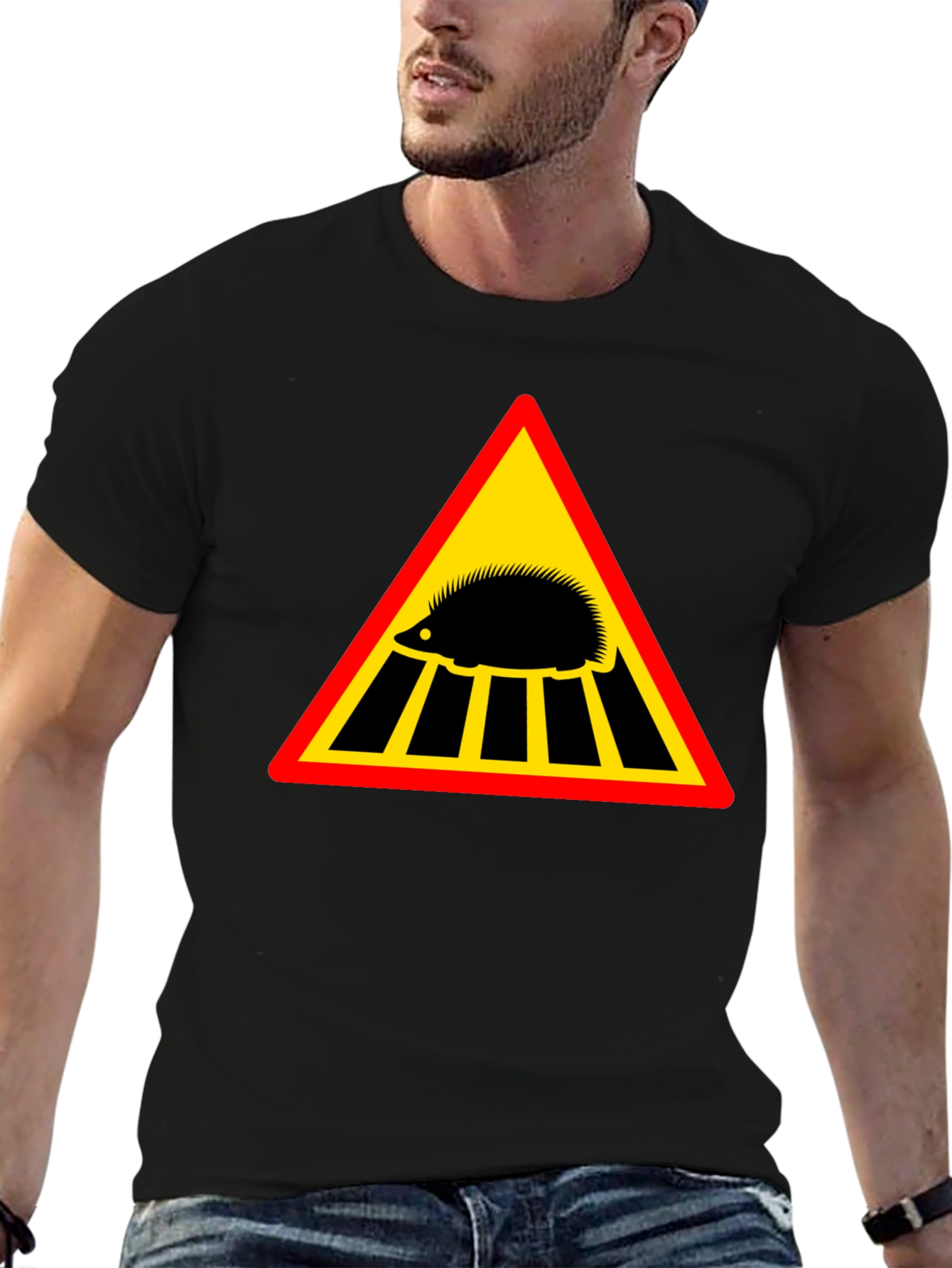 Black Hedgehog Crossing Men's Black T-Shirt view 6