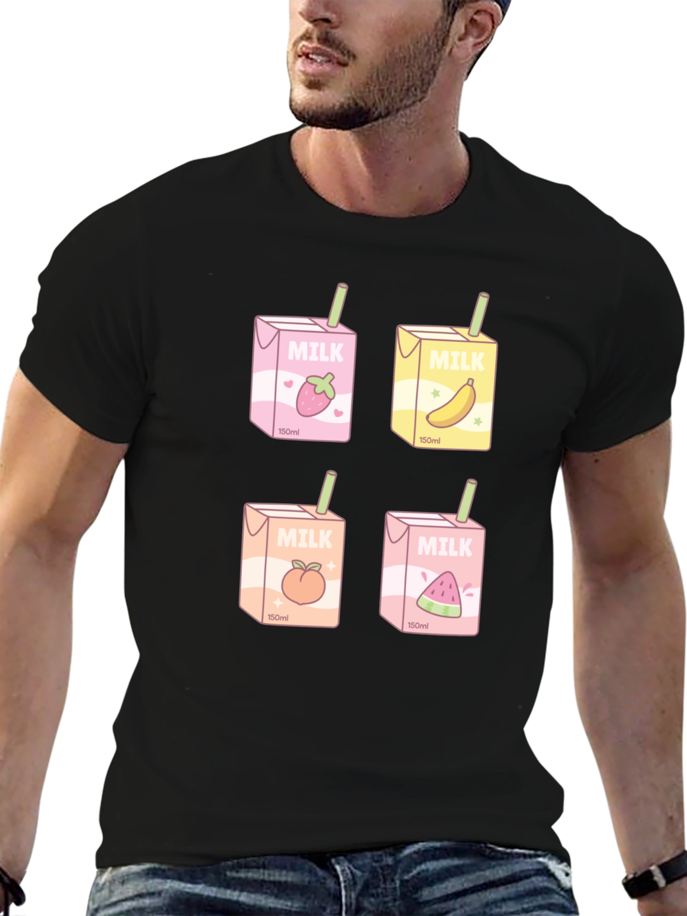 Black Kawaii Milk Boxes T-Shirt - Fruit Milk Design view 6