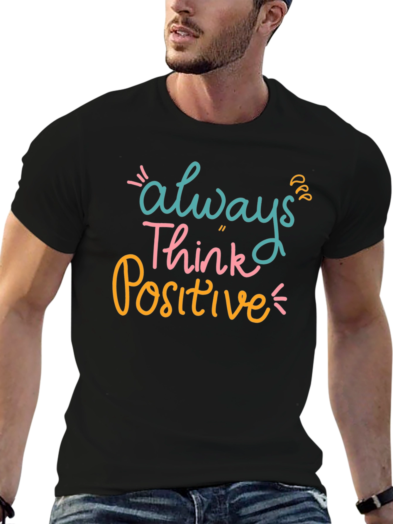 Black Always Think Positive Graphic Tee - Black Casual T-Shirt view 6