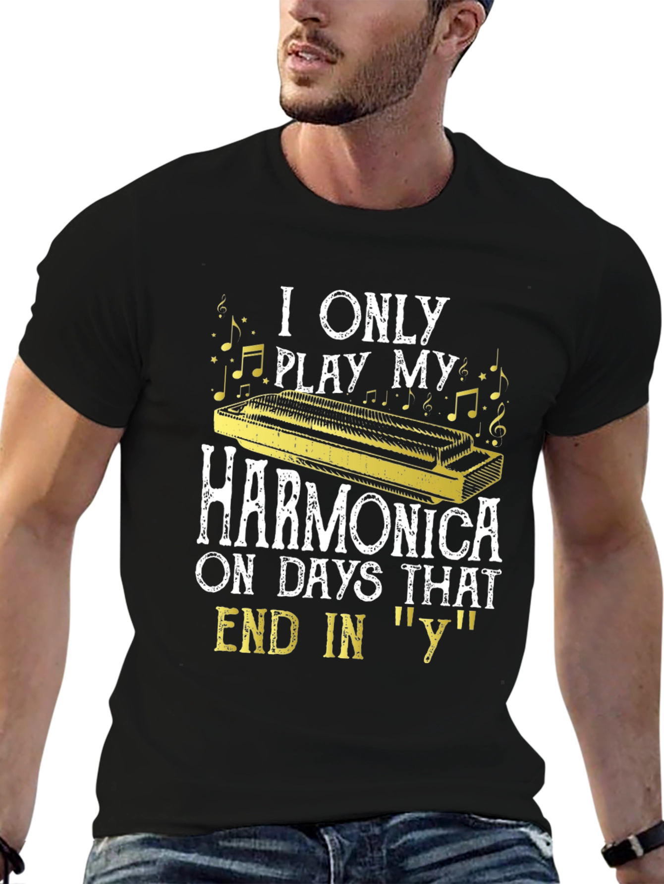 Black Harmonica Player T-Shirt - Days Ending in 'Y' view 6