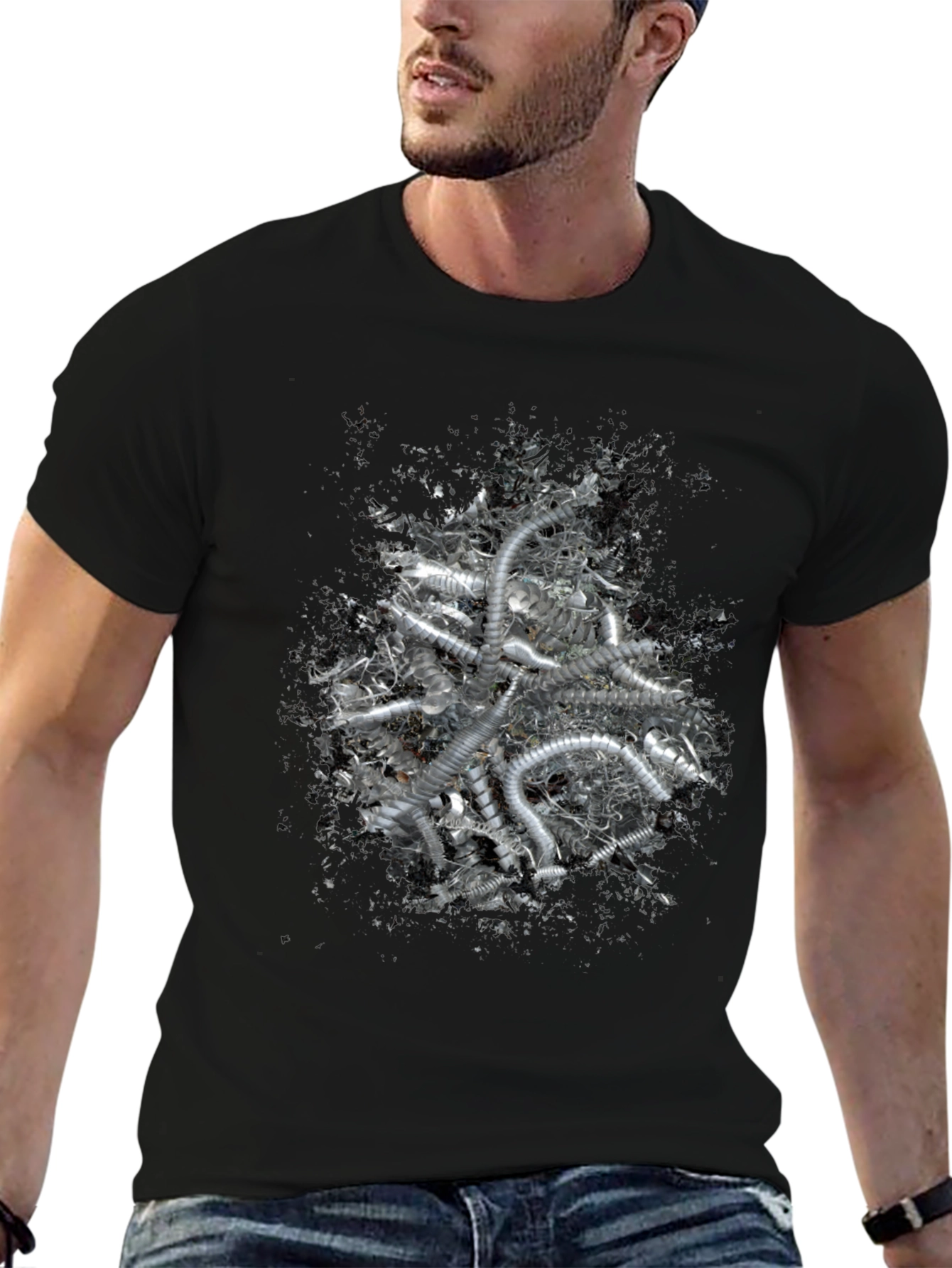Black Abstract Silver Tube Design Black T-Shirt view 6