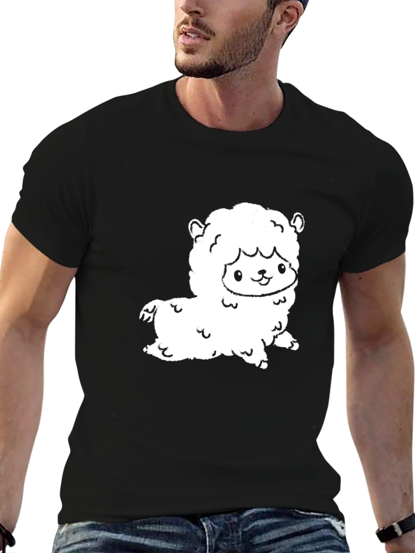 Black Cute Alpaca Graphic Tee - Black Cotton T-Shirt view 6