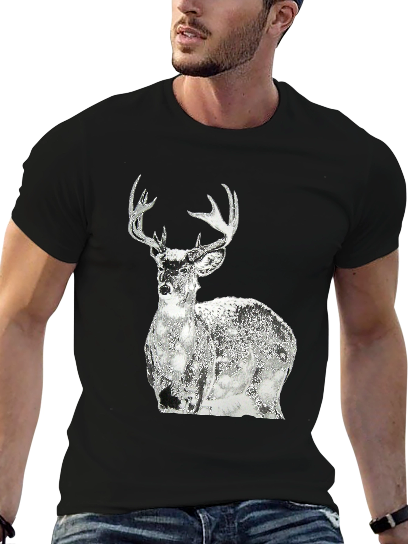 Black Men's Black T-Shirt with Graphic Deer Design view 6