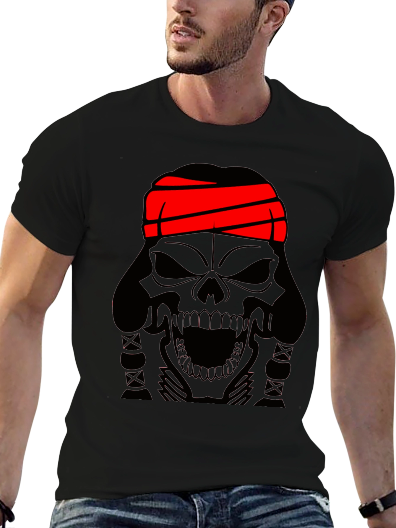 Black Skull T-Shirt - Black Graphic Tee with Red Headband view 6