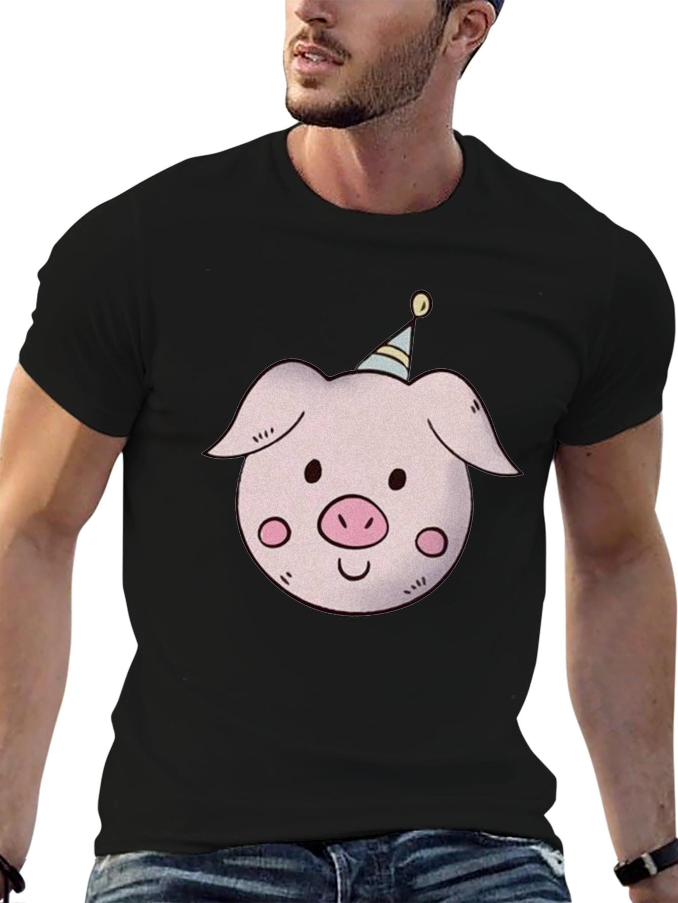 Black Pig with Party Hat T-Shirt - Unisex view 6