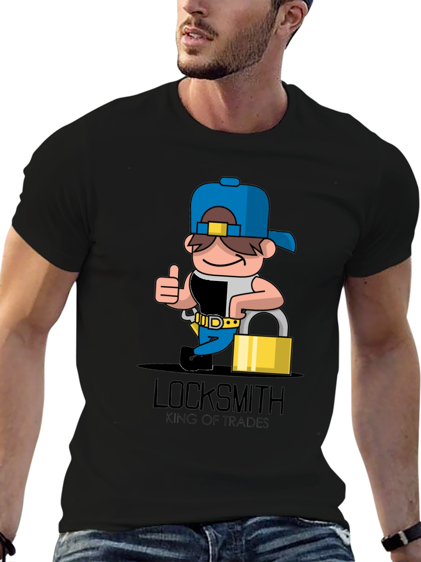 Black Locksmith Cartoon Graphic T-Shirt - King of Trades view 6