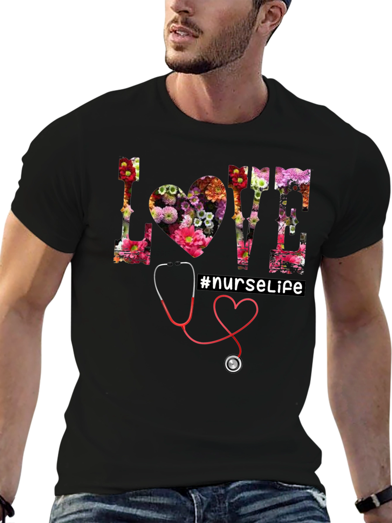 Black Floral Love Nurse Life T-Shirt view 6