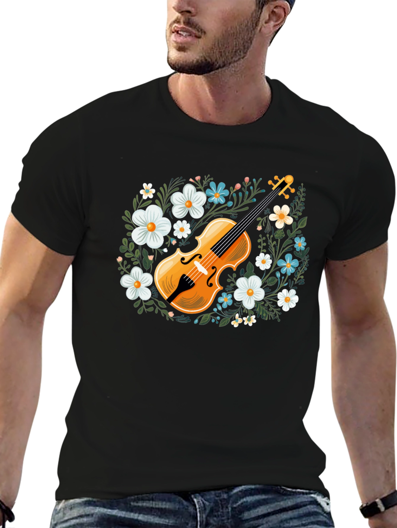 Black Floral Violin Graphic T-Shirt - Musical Style view 6