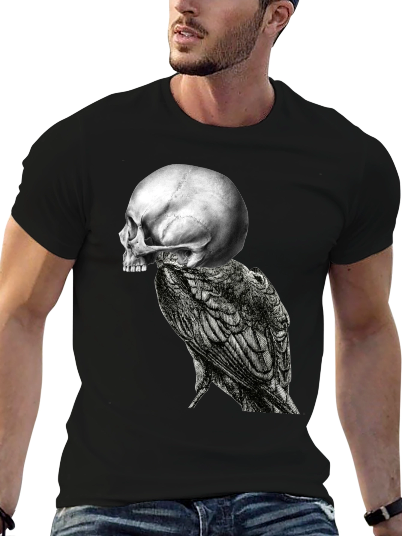 Black Skull & Raven Graphic Tee - Black Cotton Blend view 6