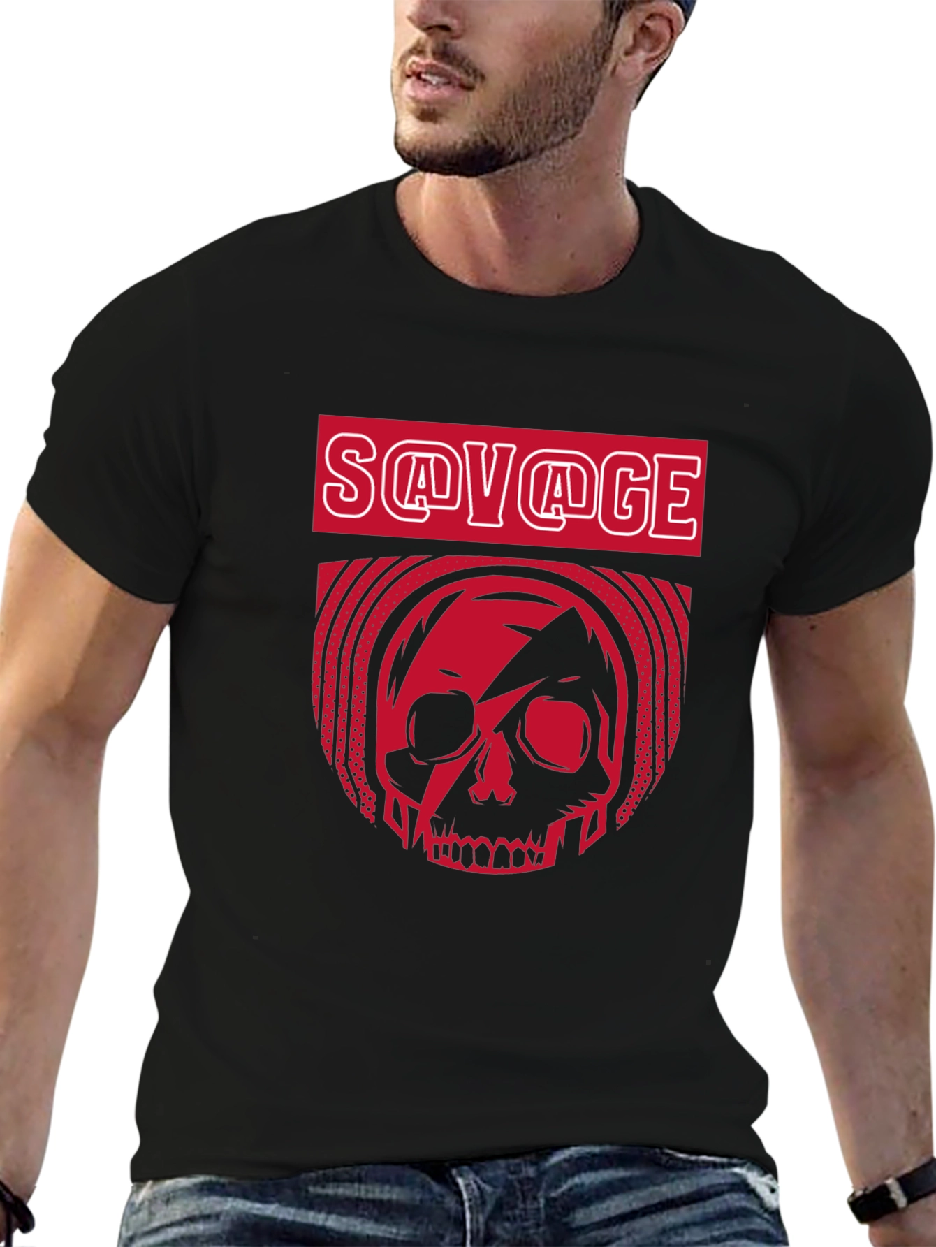 Black Savage Skull Graphic T-Shirt - Bold Red Design view 6