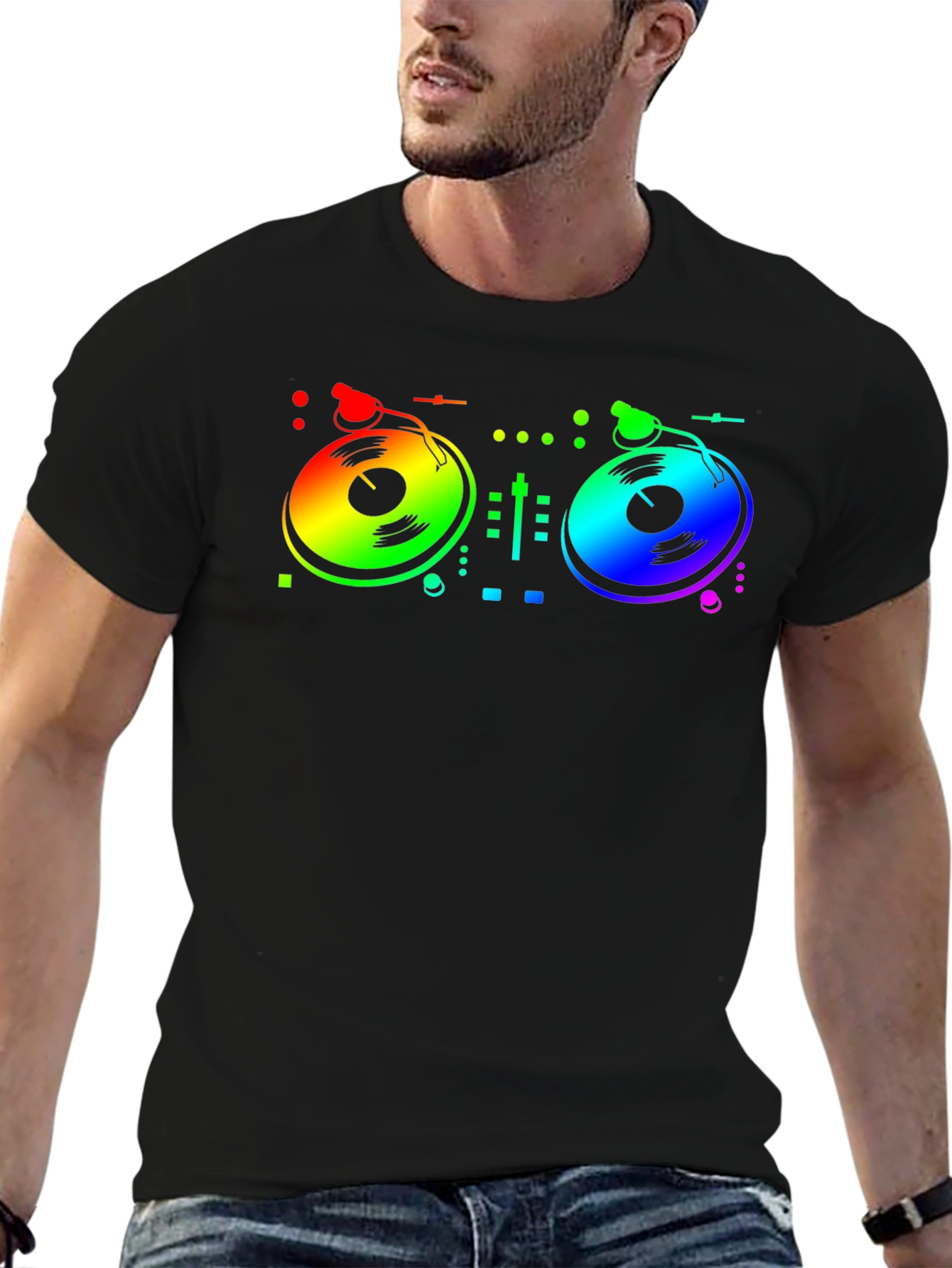 Black Rainbow DJ Turntable Graphic T-Shirt view 6