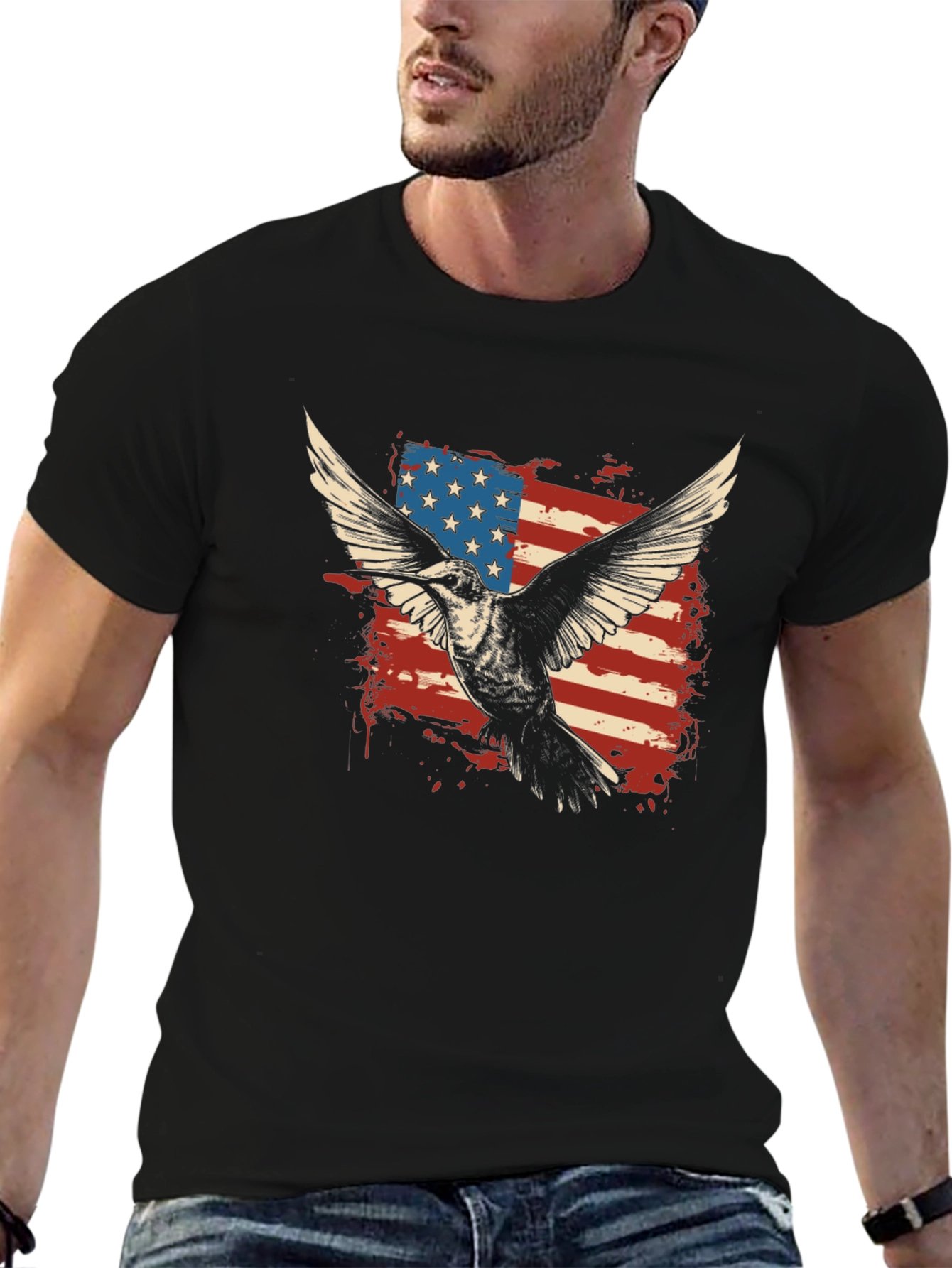 Black American Flag Eagle Graphic T-Shirt view 6
