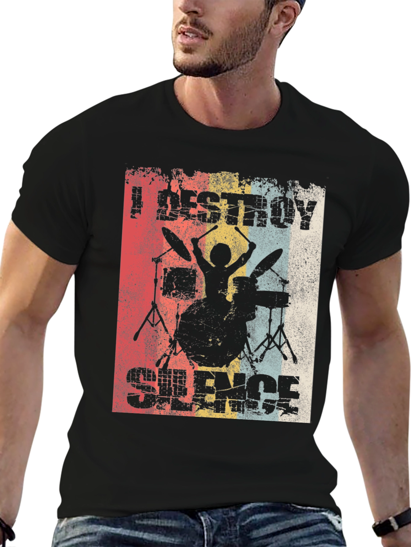 Black I Destroy Silence Drummer Graphic Tee view 6
