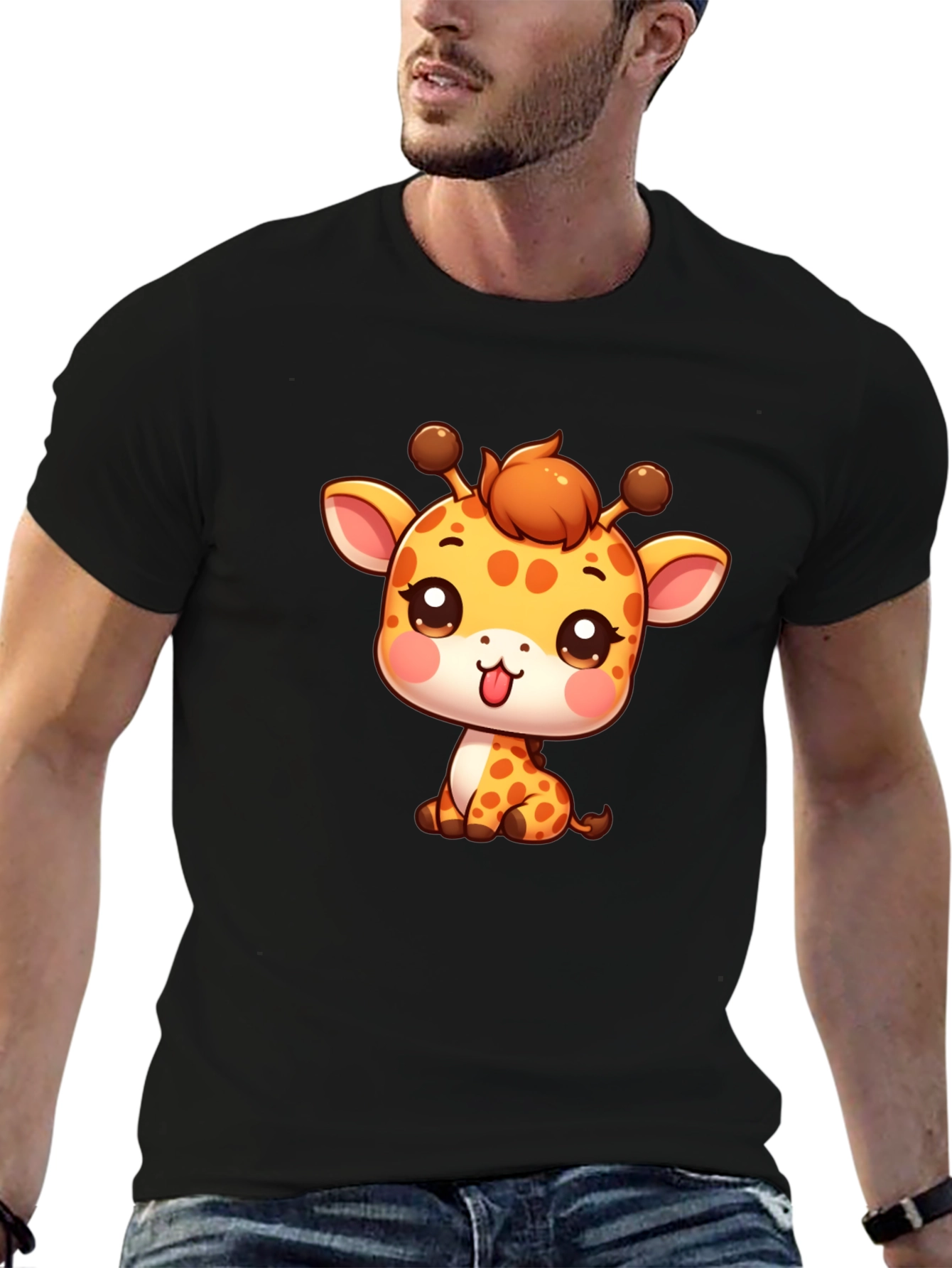 Black Cute Giraffe Cartoon Black T-Shirt view 6