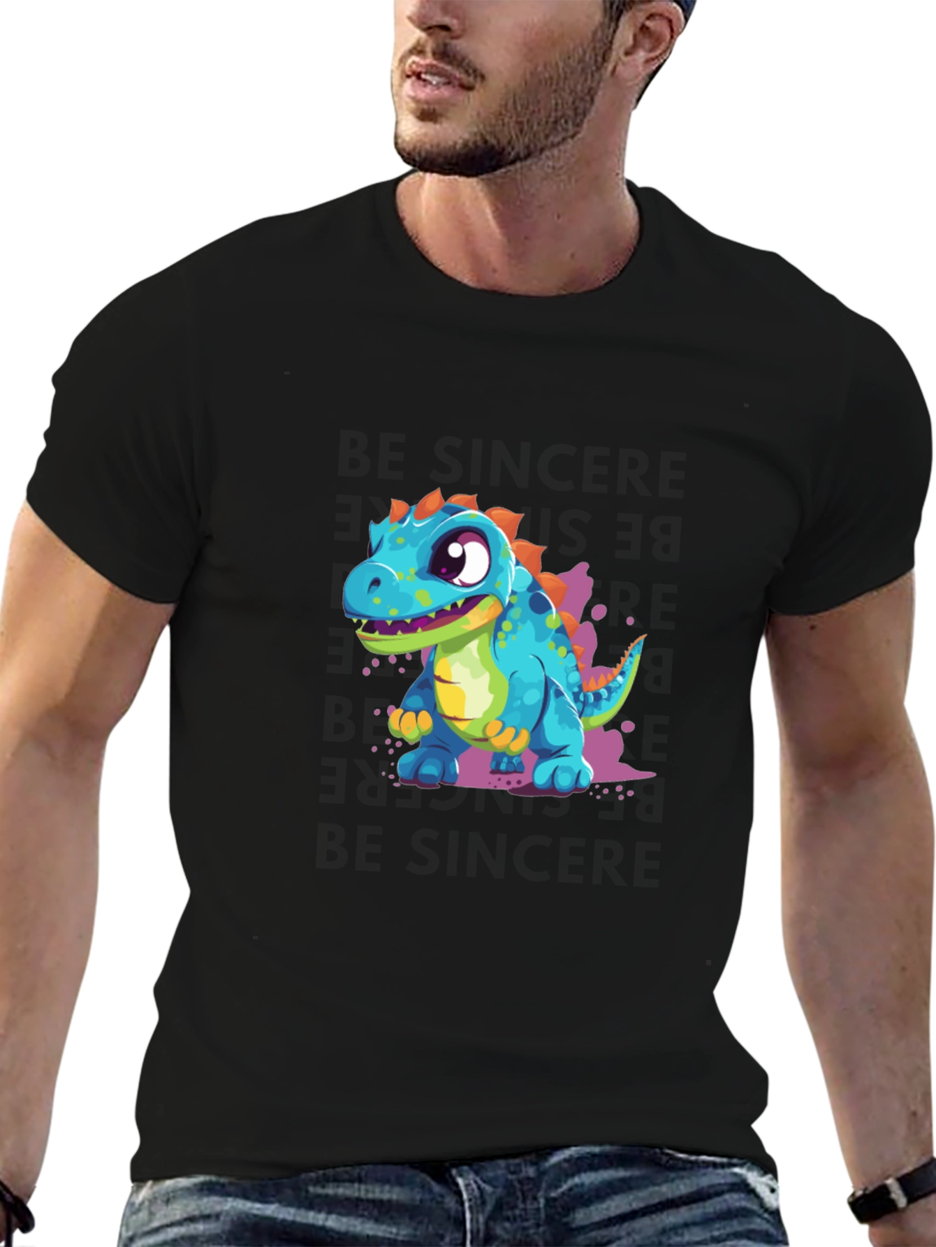 Black Cute Cartoon Dinosaur Graphic Tee view 6