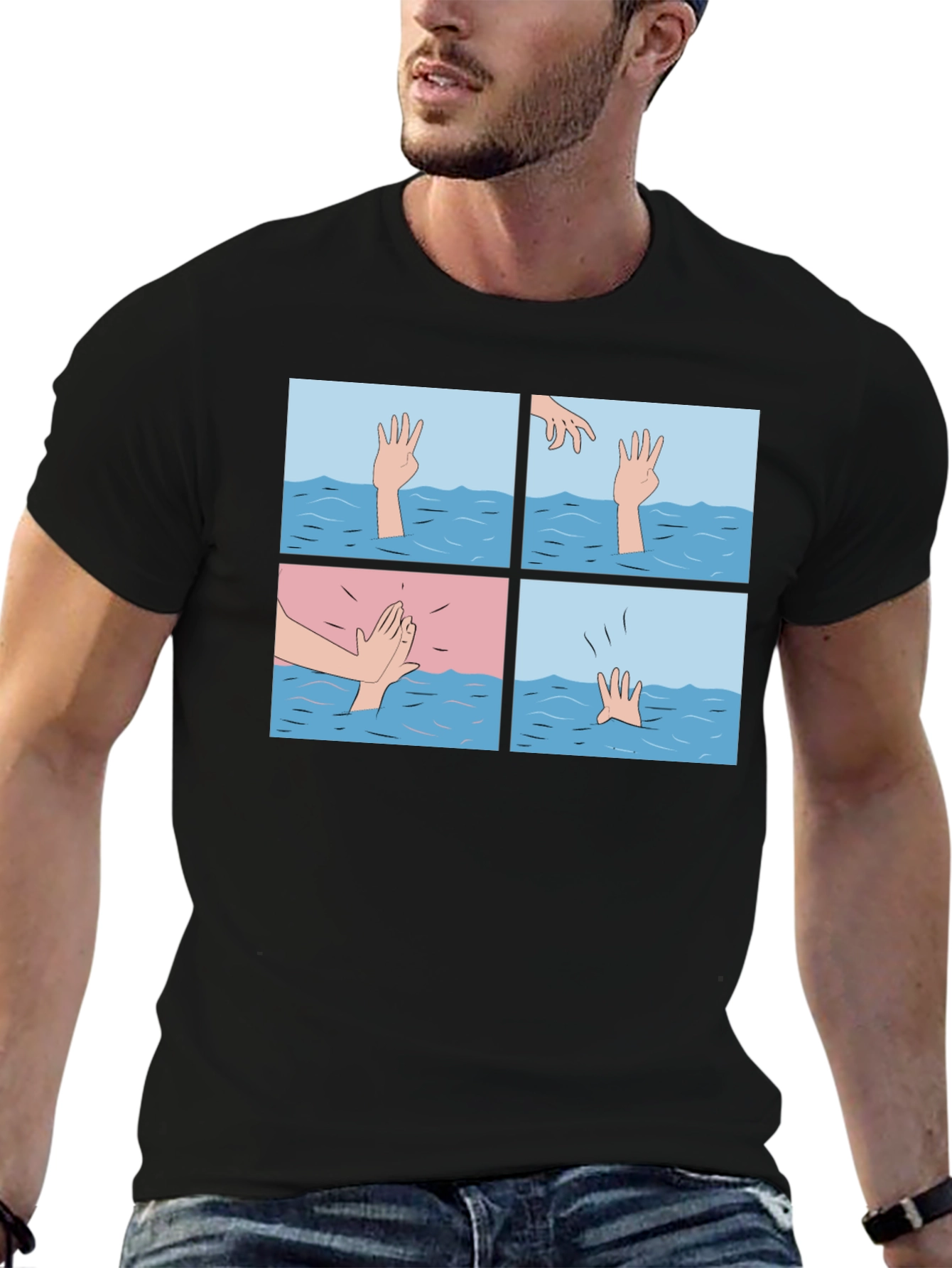 Black Comic Strip Graphic T-Shirt - Drowning Meme view 6