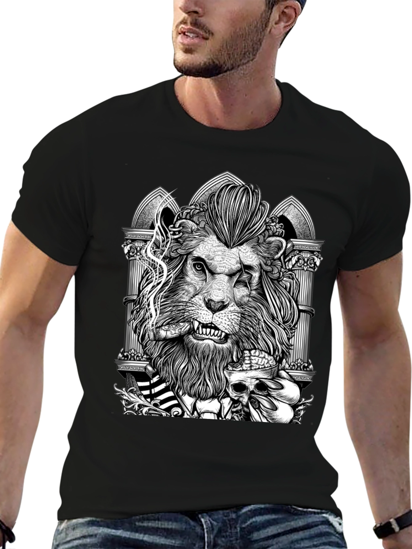 Black Lion with Skull Graphic Tee - Black view 6
