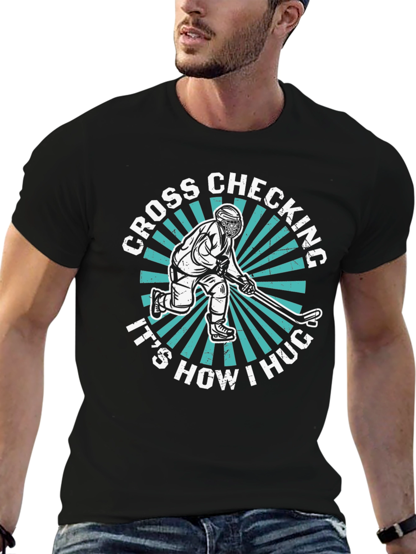 Black Cross Checking Hockey T-Shirt - It's How I Hug! view 6
