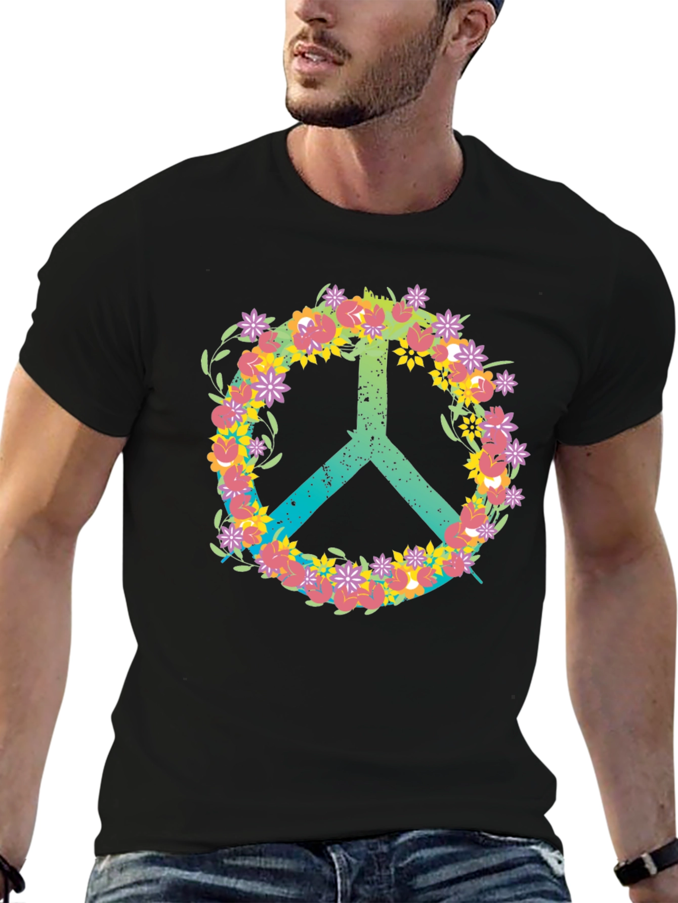 Black Floral Peace Sign T-Shirt - Black Casual Tee view 6