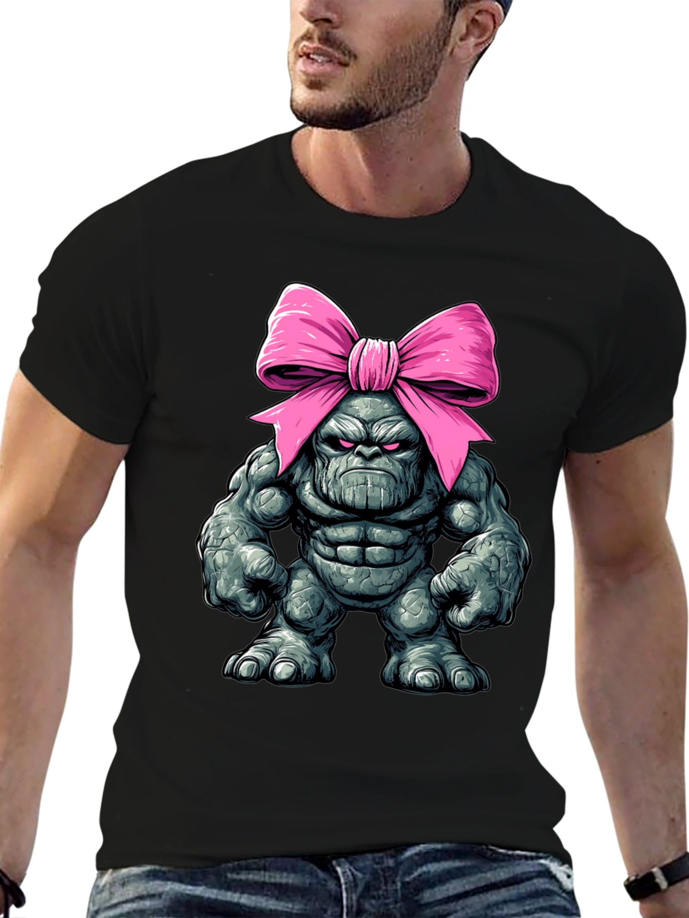 Black Funny Thanos with Pink Bow T-Shirt view 6