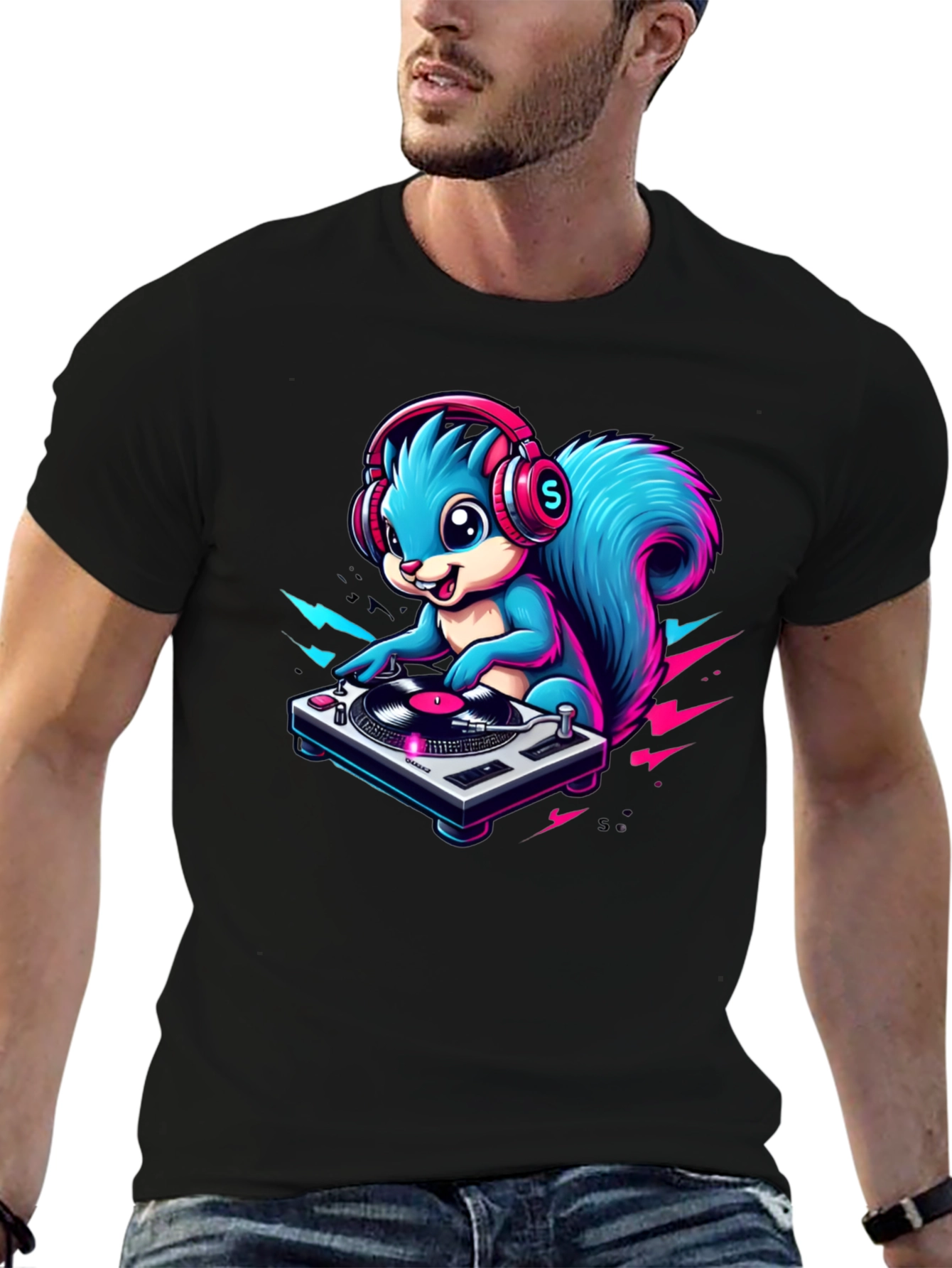 Black DJ Squirrel Graphic Tee - Funky Animal T-Shirt view 6