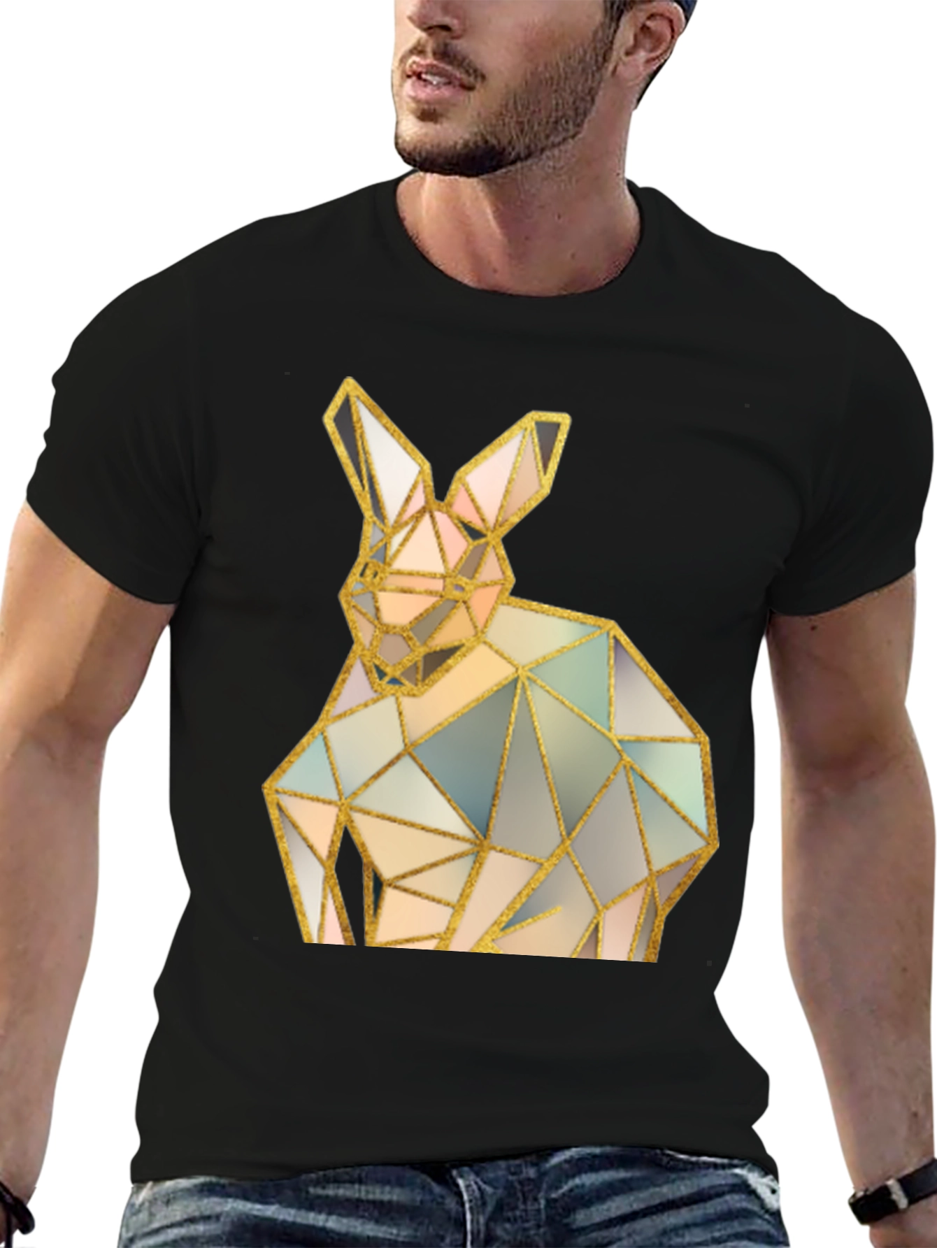 Black Geometric Rabbit Graphic Black T-Shirt view 6