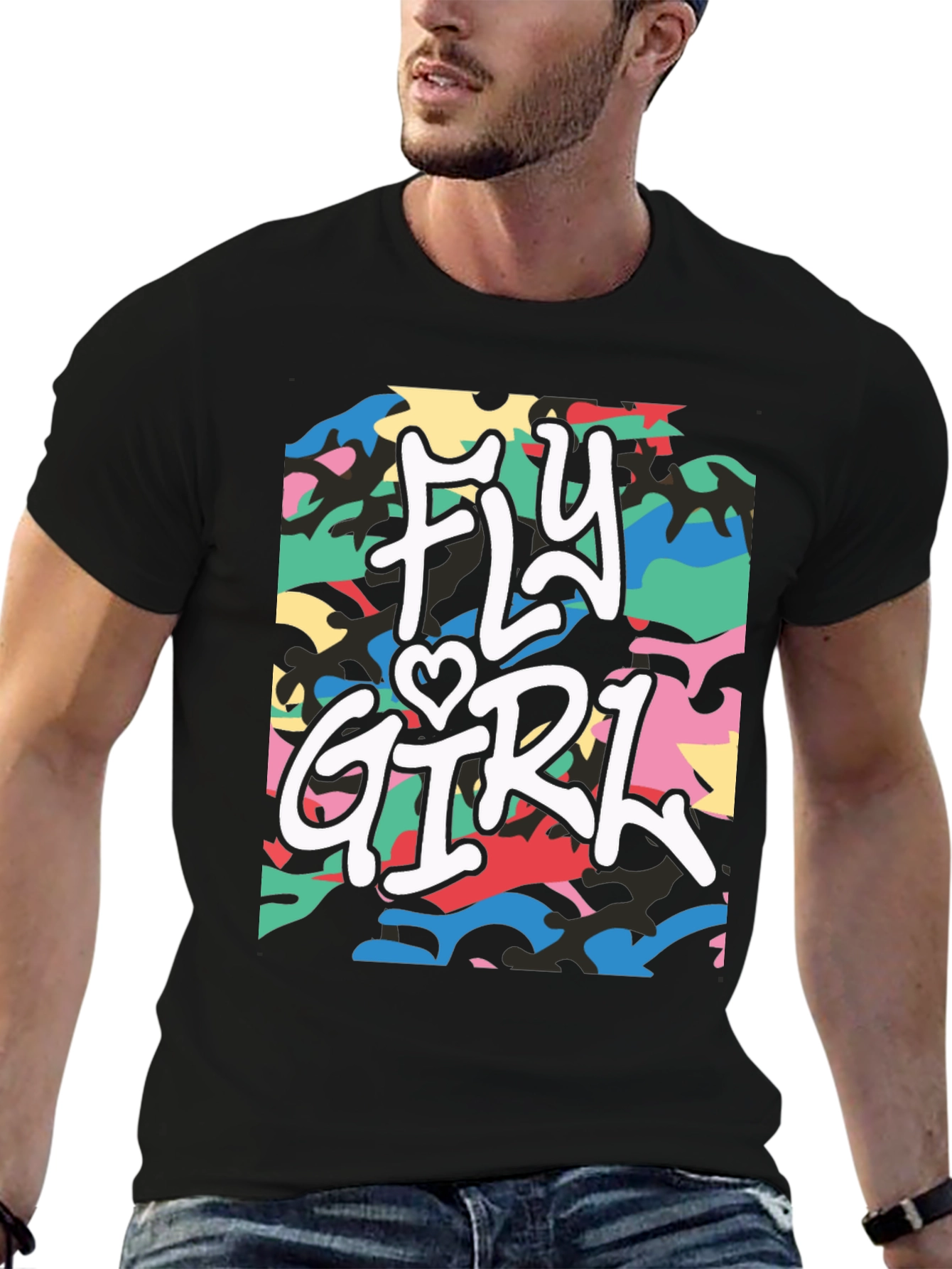 Black Fly Girl Graphic Tee - Urban Camo Design view 6