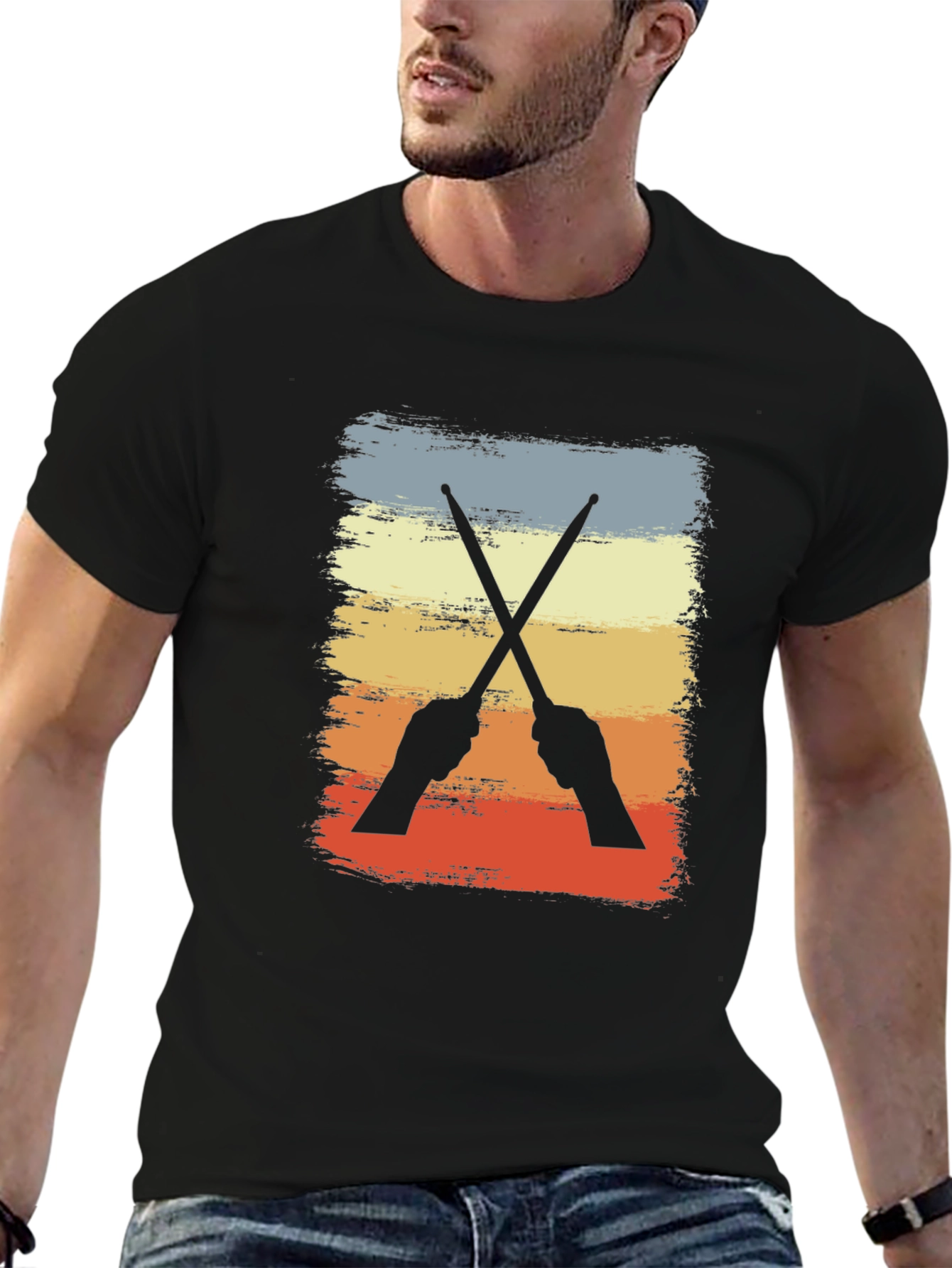 Black Retro Drummer T-Shirt - Crossed Sticks Design view 6