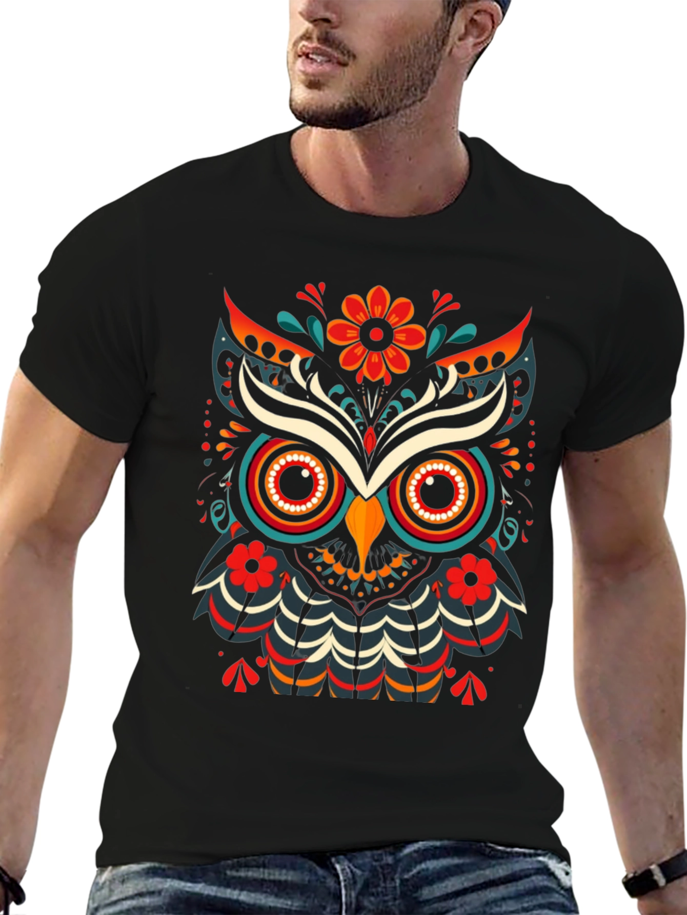 Black Colorful Owl Graphic Print Men's Black T-Shirt view 6