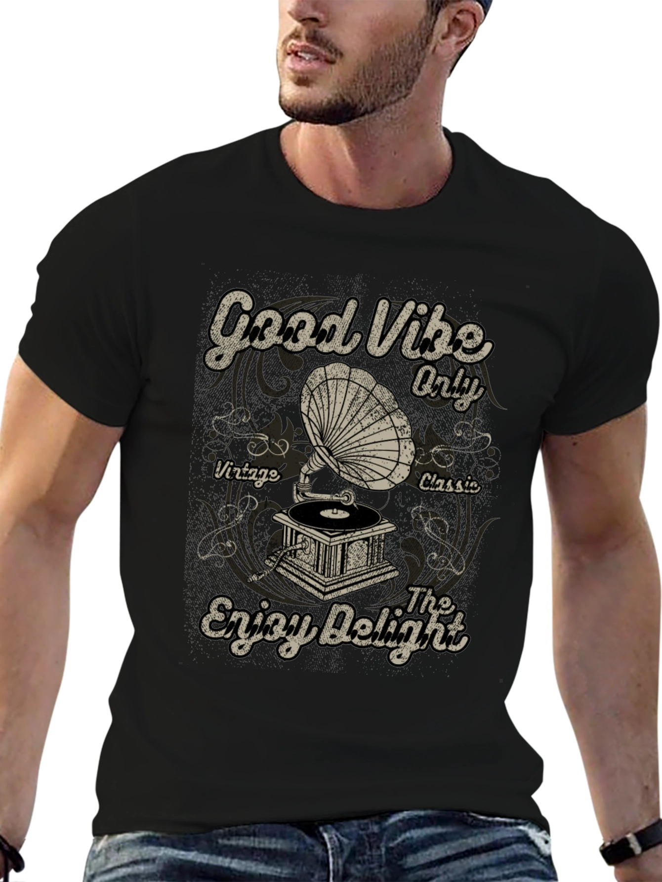 Black Good Vibes Vintage Gramophone Graphic T-Shirt view 6