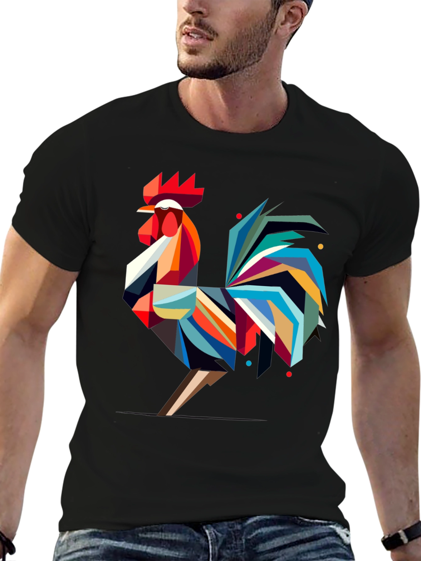 Black Geometric Rooster Graphic Tee - Modern Art T-Shirt view 6