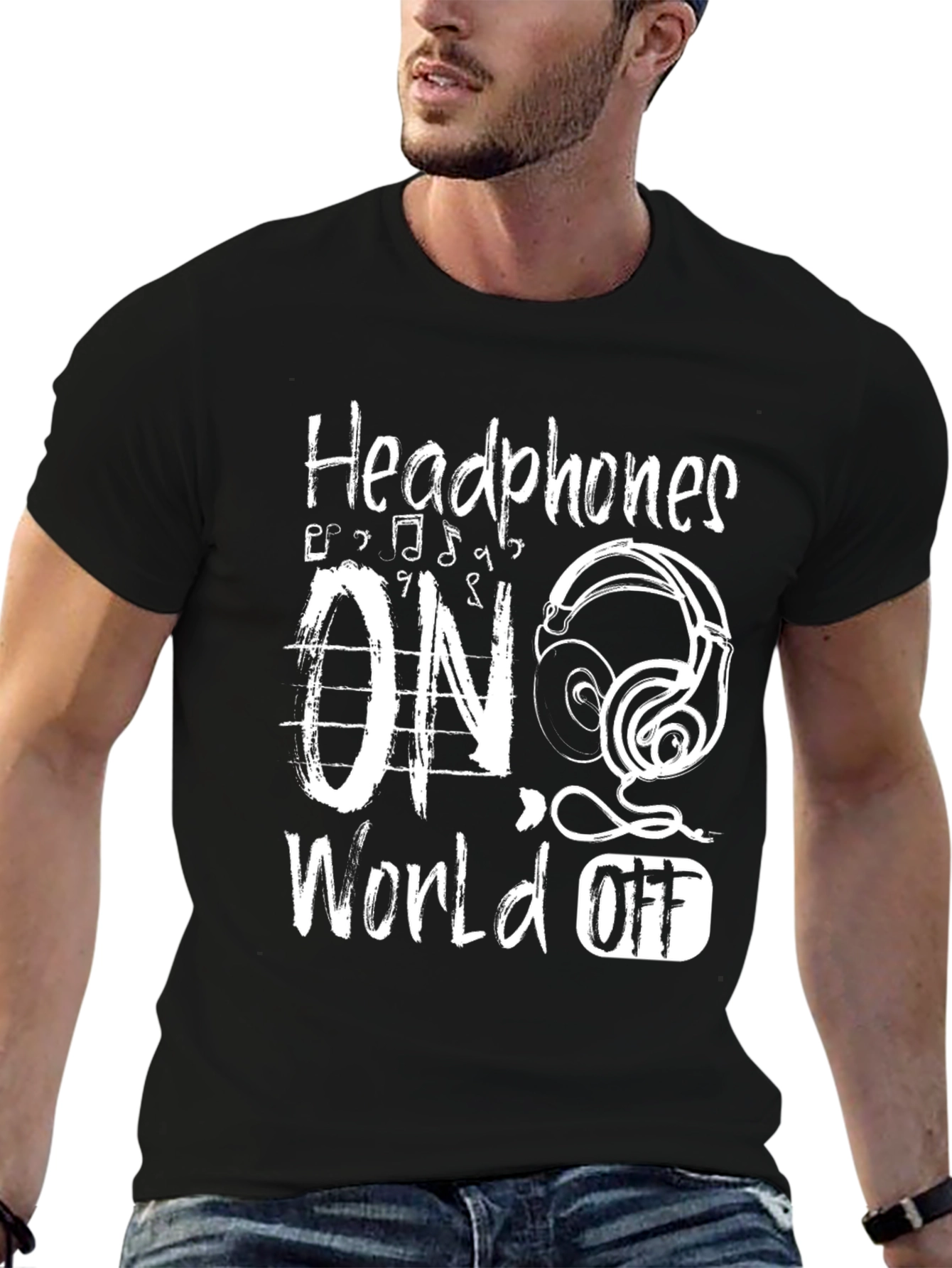 Black Headphones On World Off Graphic Tee view 6