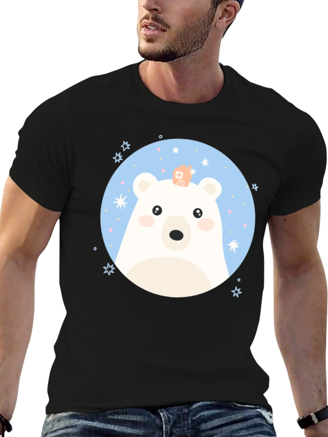Black Cute Polar Bear Graphic Black T-Shirt view 6