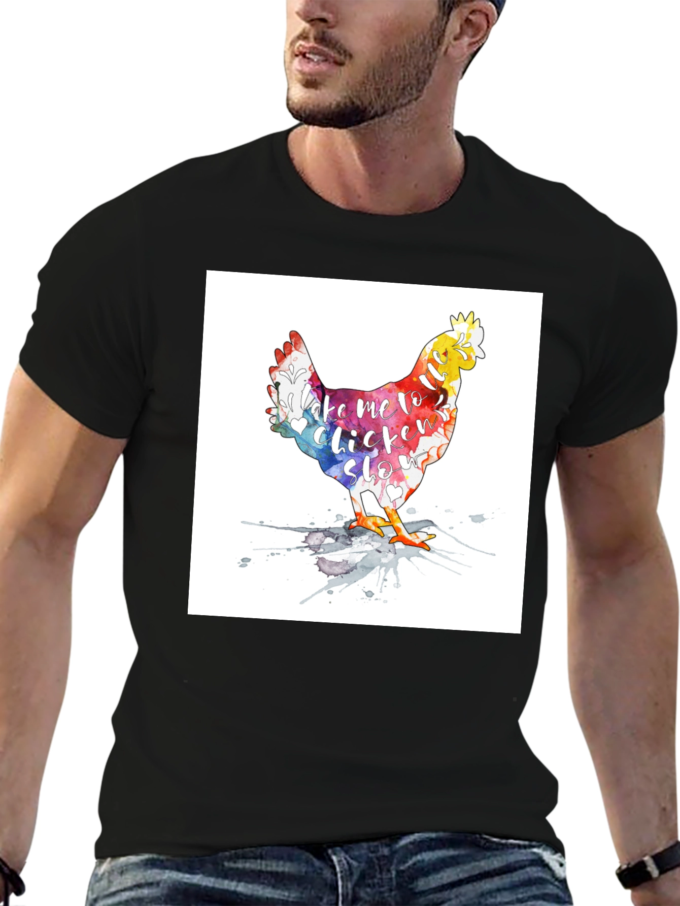 Black Watercolor Chicken T-Shirt - Take me to Chicken Slo view 6