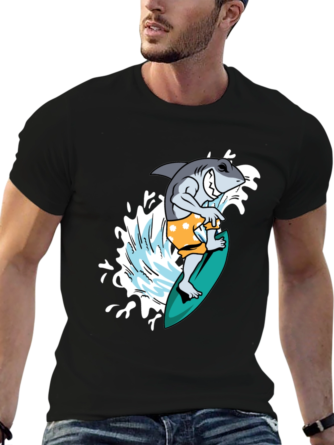 Black Surfing Shark Graphic Tee - Black Cotton T-Shirt view 6