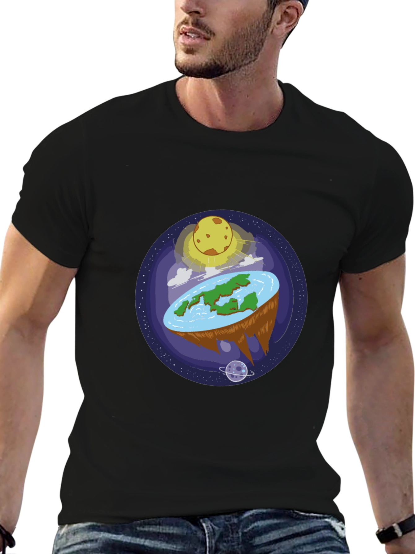 Black Flat Earth Graphic Tee - Black Cotton Shirt view 6