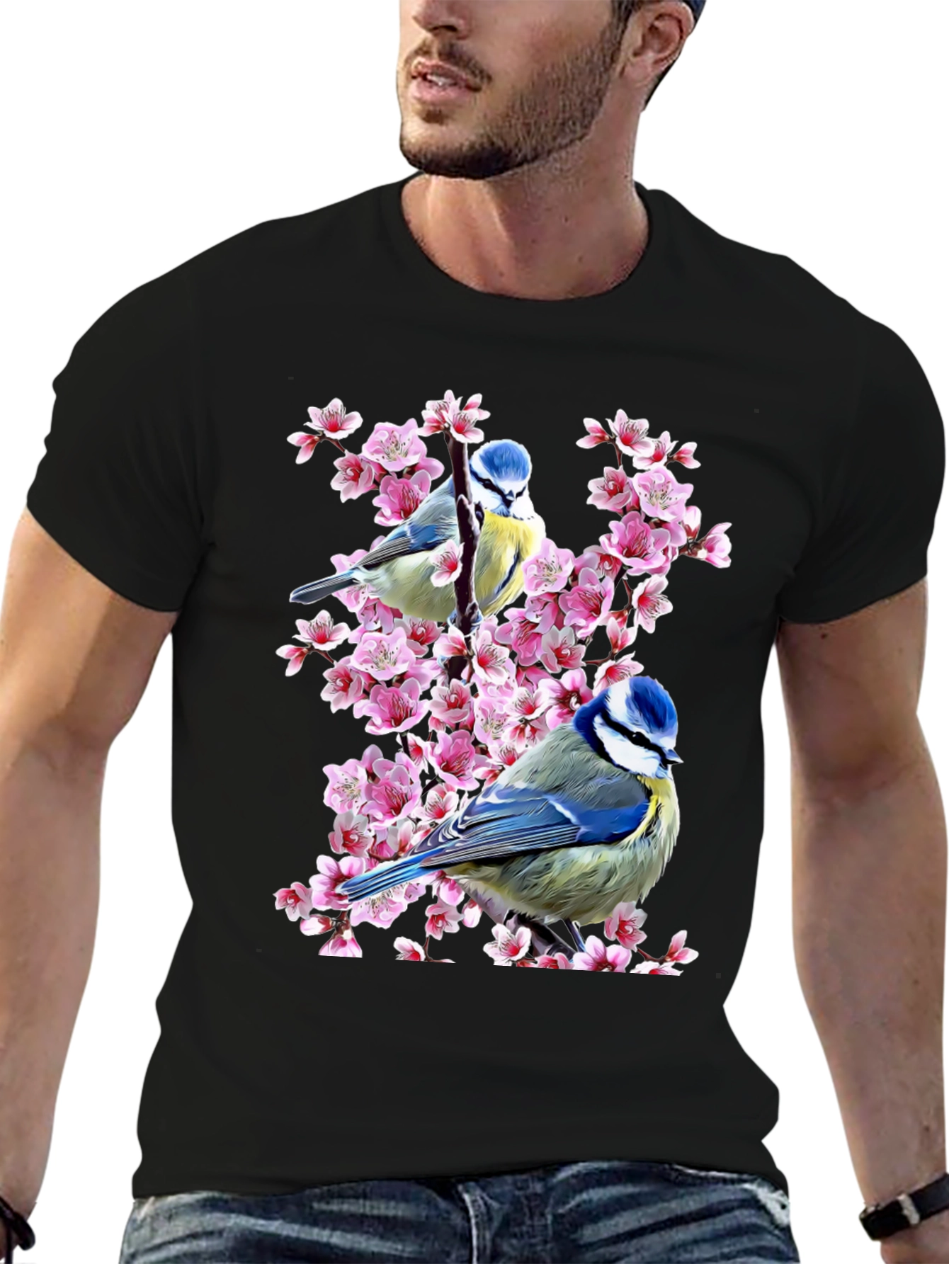 Black Blue Tit Bird & Cherry Blossom Graphic Tee view 6