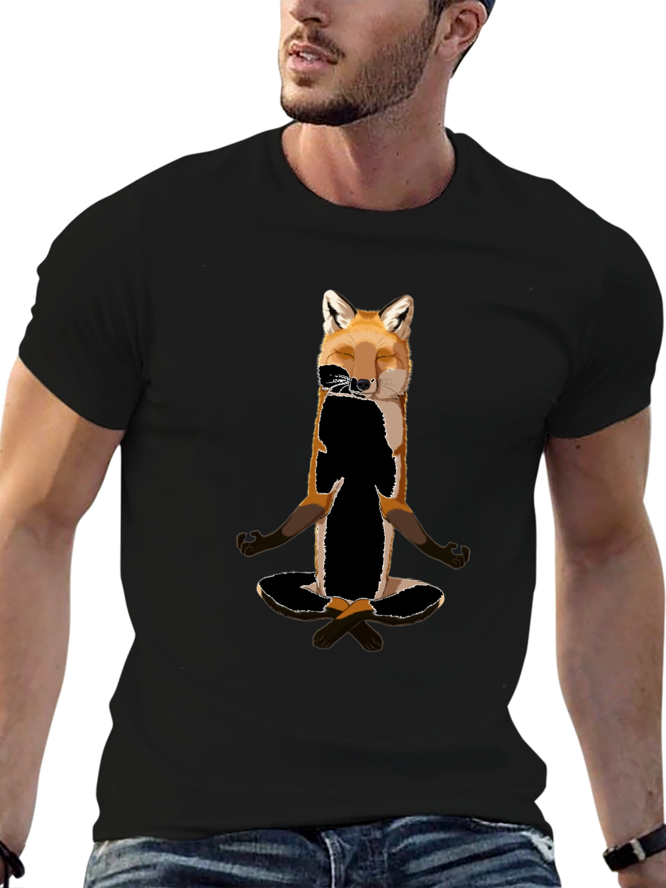 Black Zen Fox T-Shirt - Meditating Animal Graphic Tee view 6