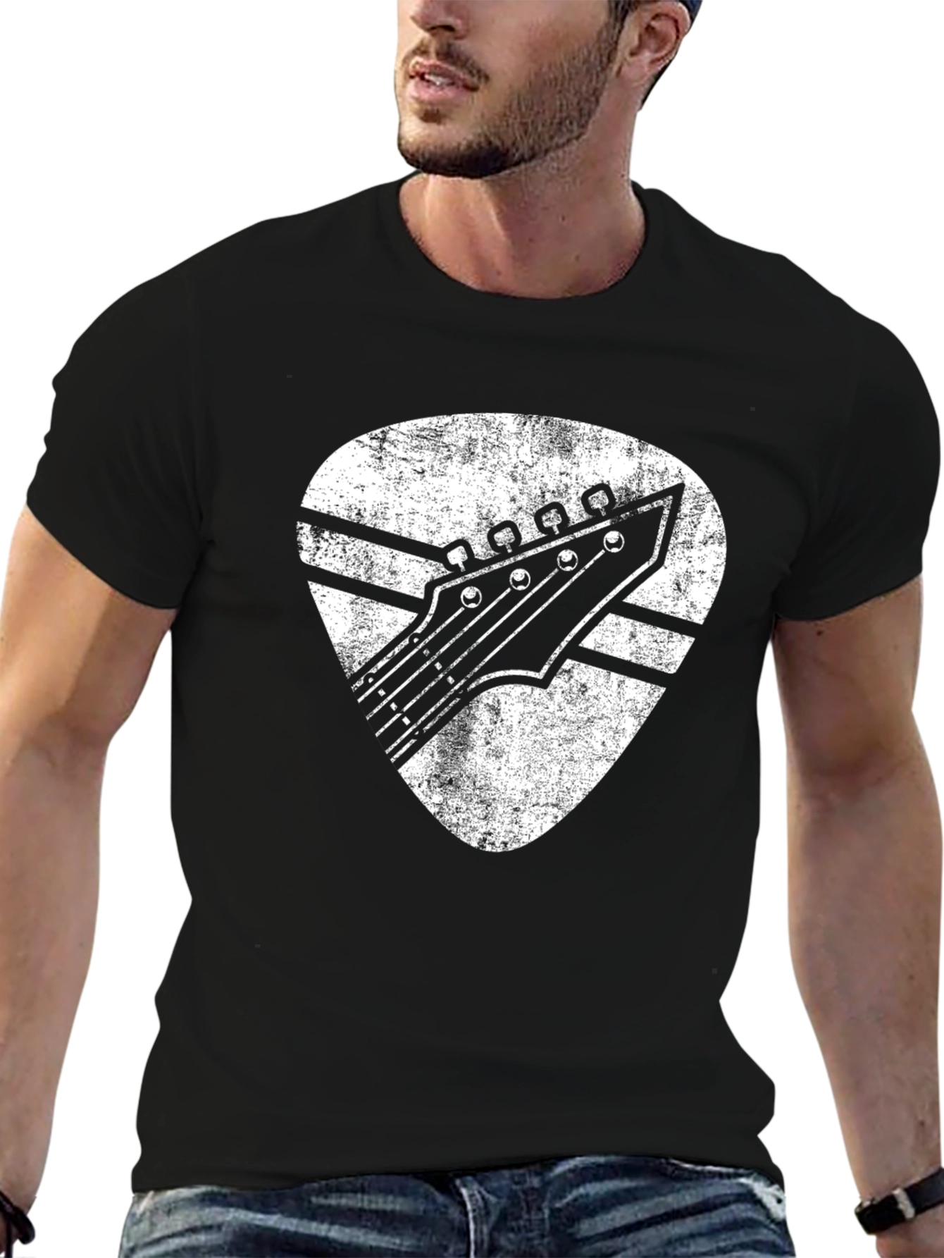 Black Retro Guitar Pick T-Shirt - Classic Rock Design view 6