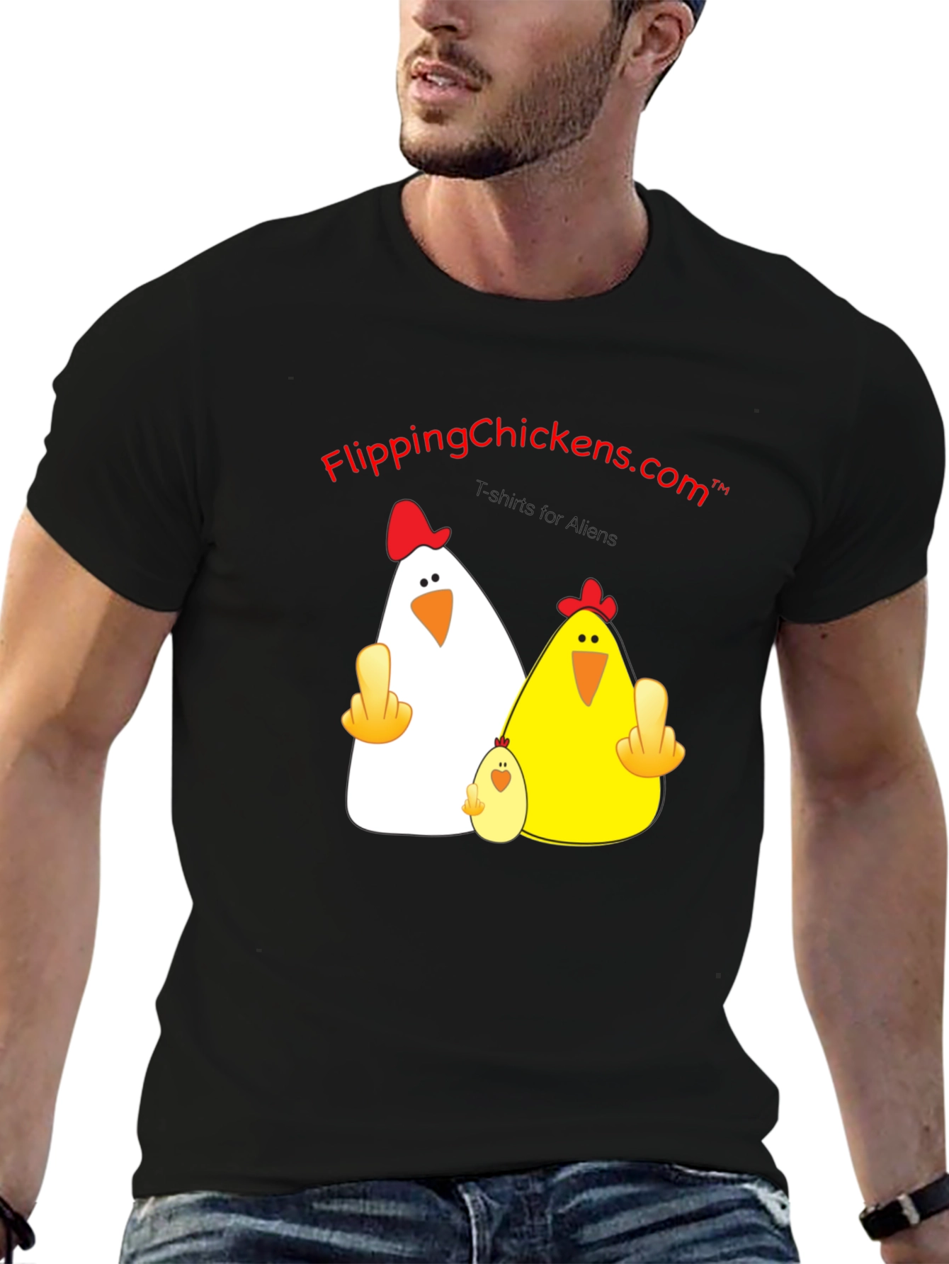 Black Flipping Chickens T-Shirt Funny Alien Design view 6