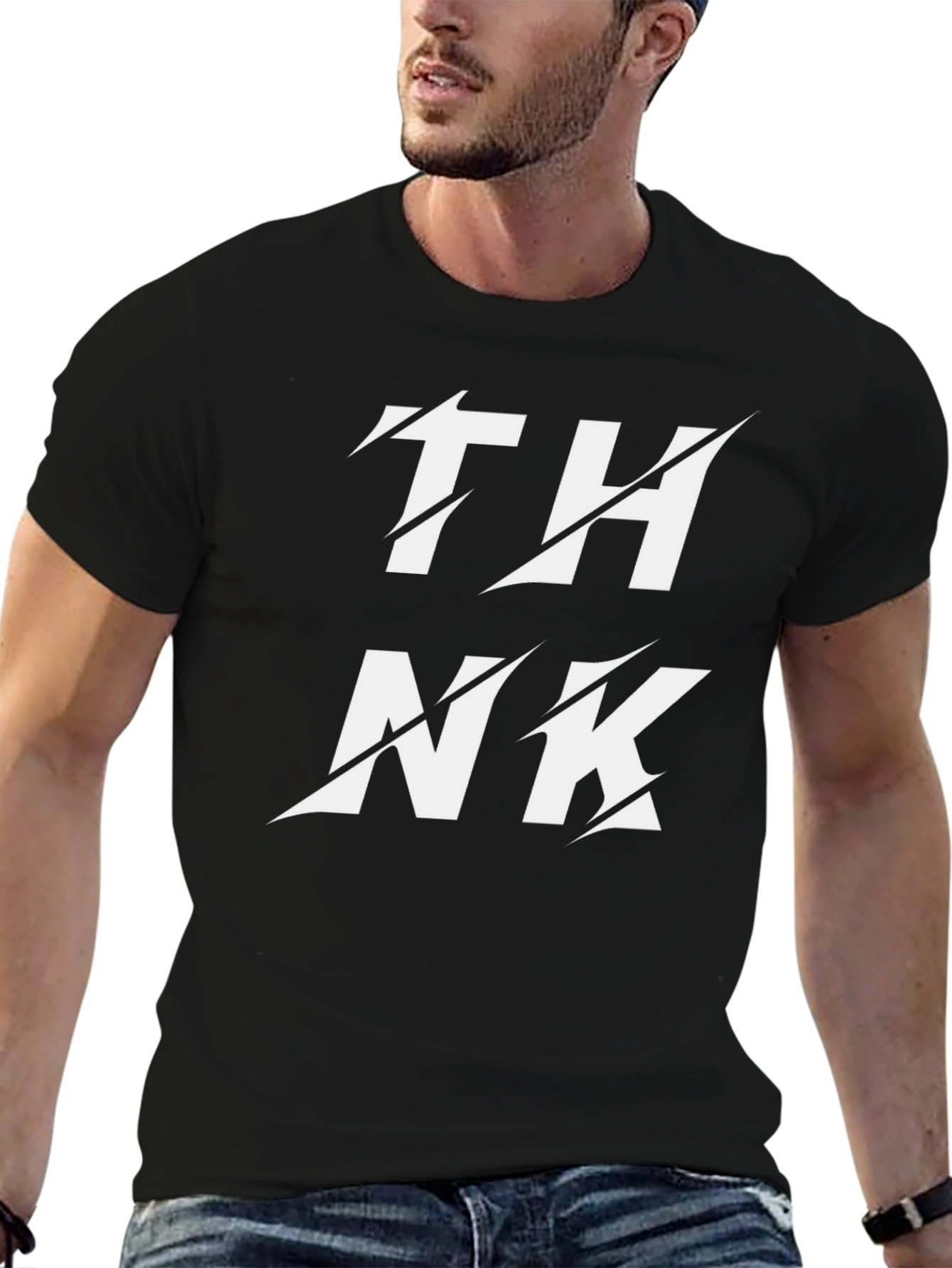 Black Edgy THINK Graphic Black T-Shirt - Unique Cutout Design view 6