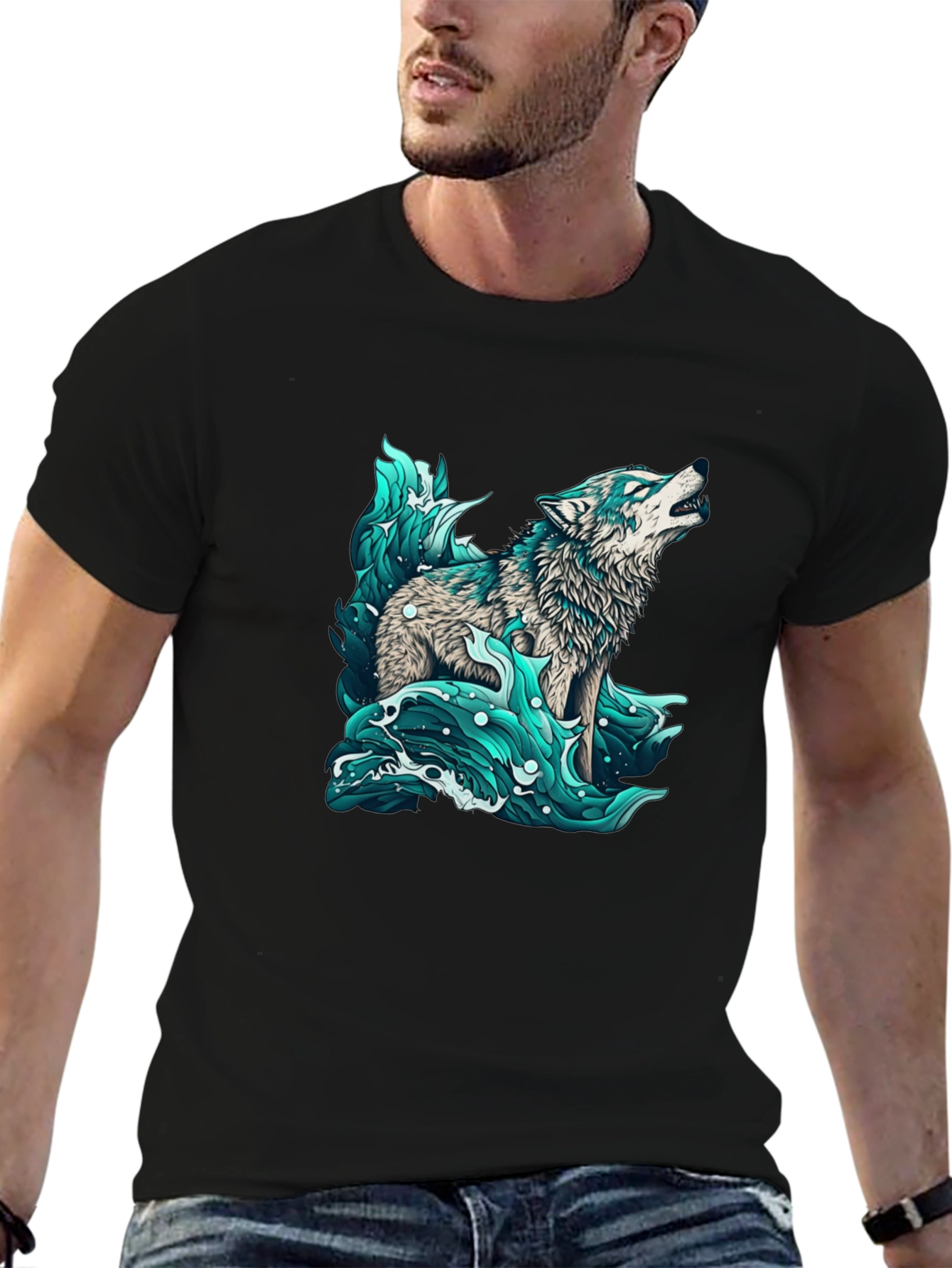Black Wolf in Water Graphic Black T-Shirt view 6