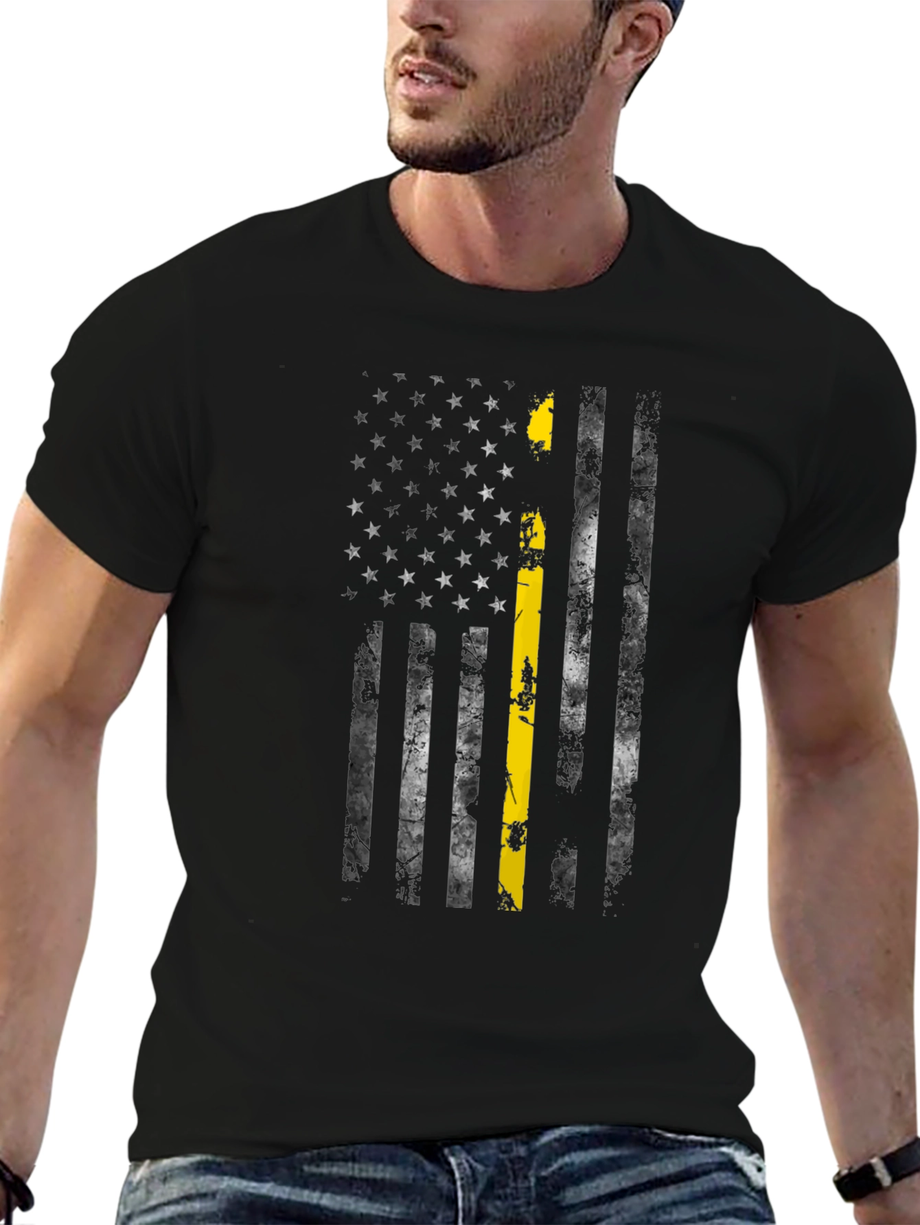 Black Distressed American Flag Thin Yellow Line T-Shirt view 6