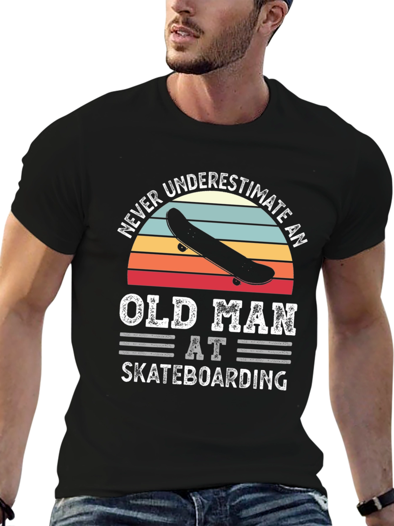 Black Never Underestimate Old Man Skateboarding Graphic Tee view 6