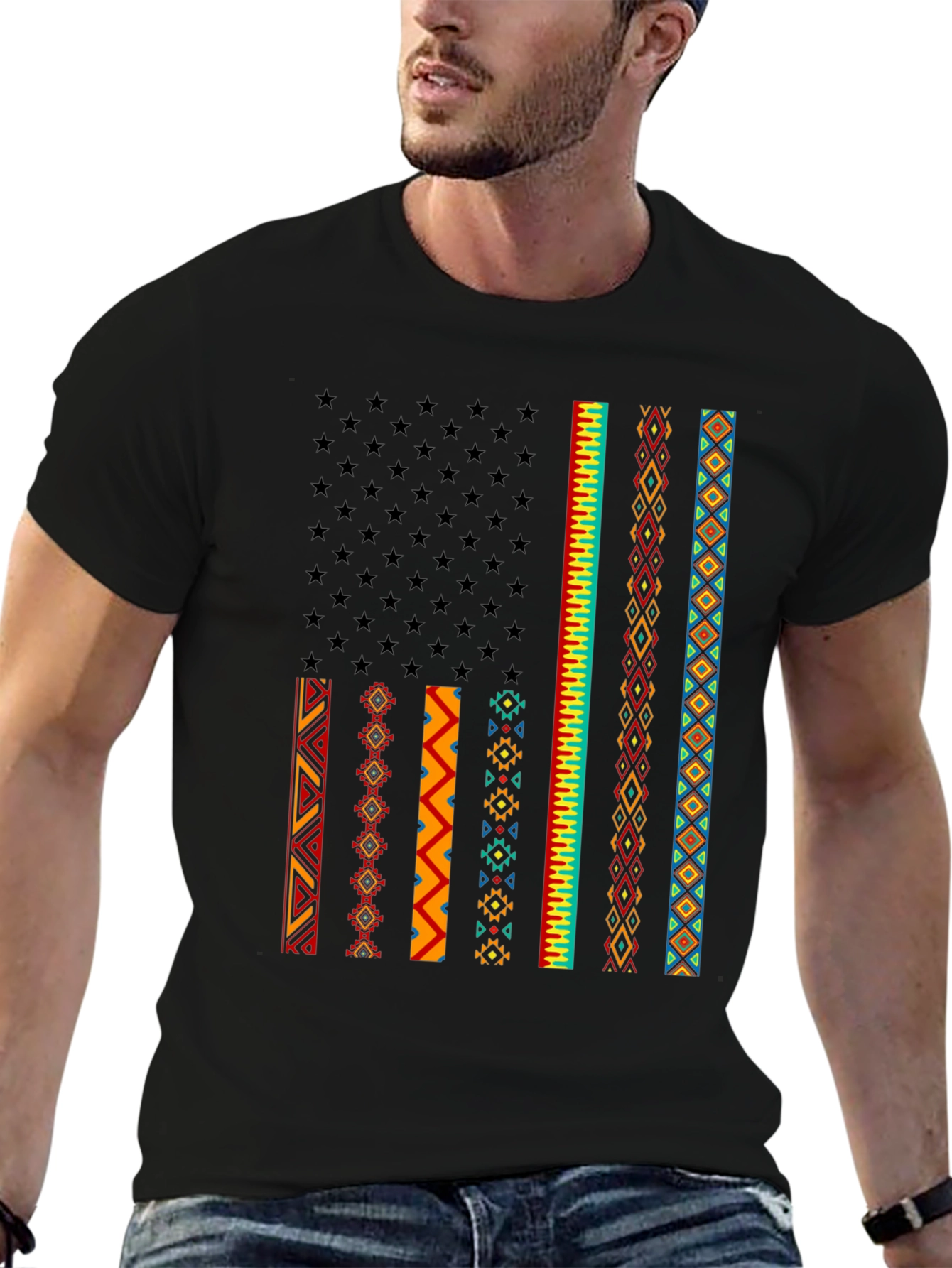 Black Aztec American Flag Graphic Tee view 6