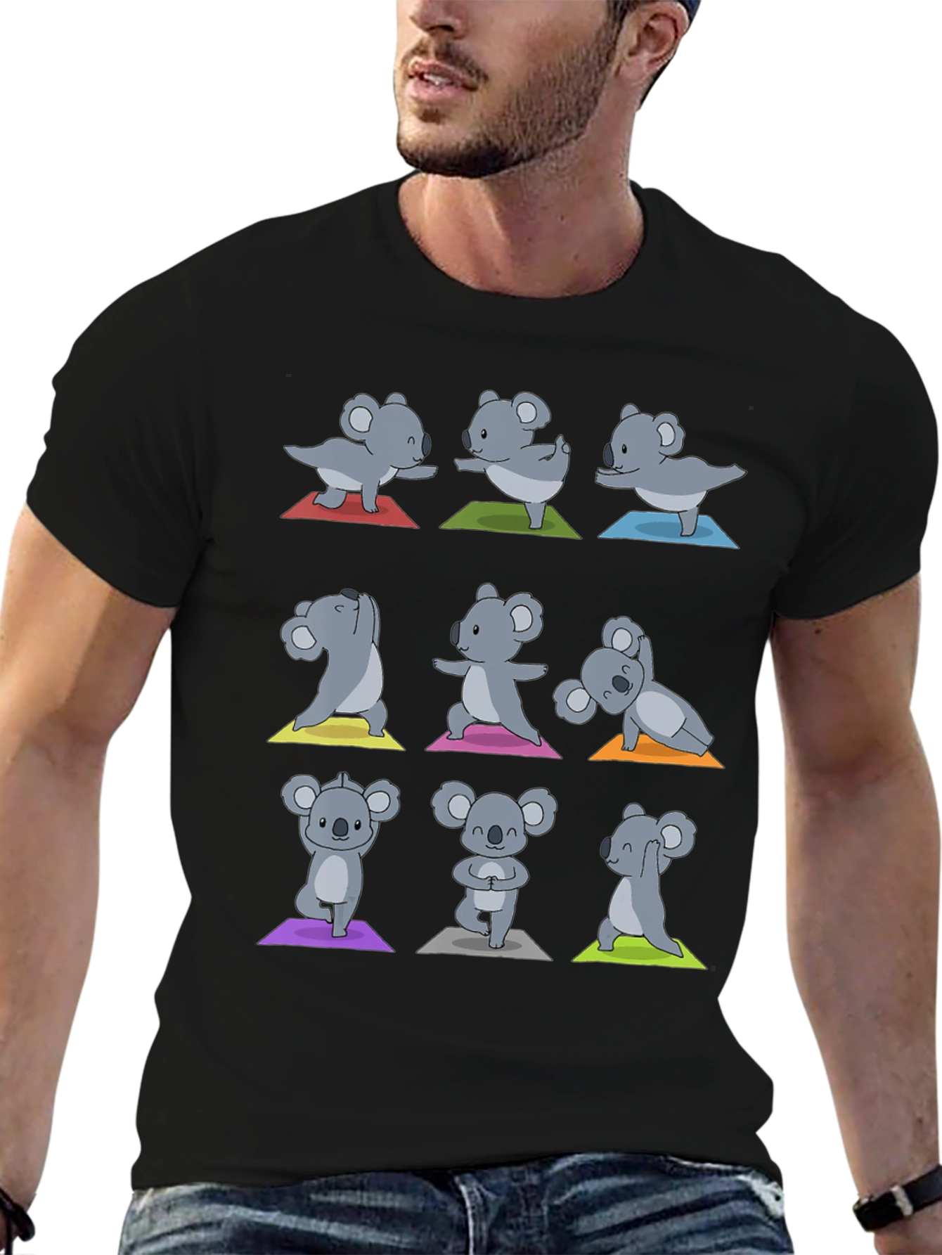 Black Yoga Koala T-Shirt: Men's Black Cotton Tee view 6